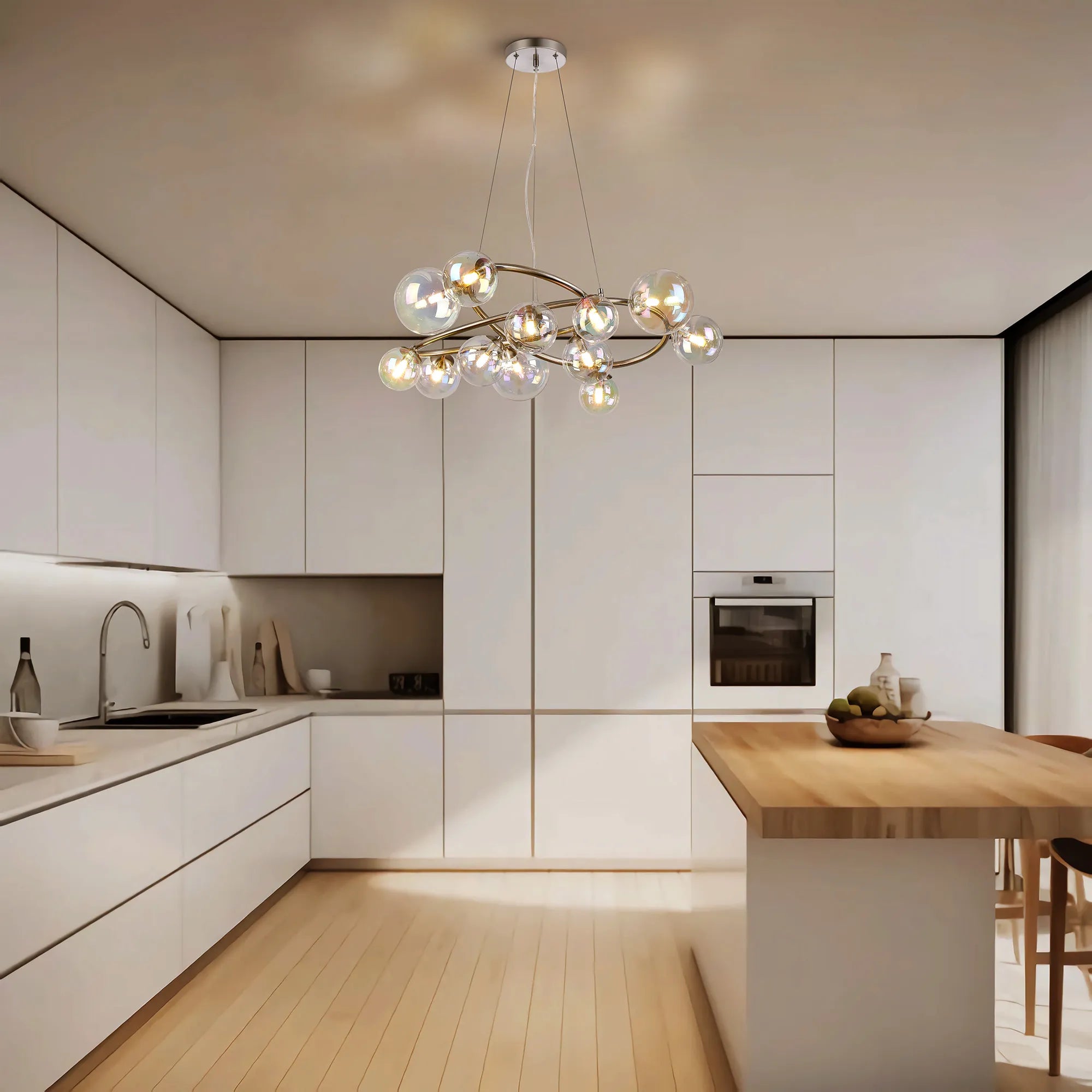 Deacon Twisted Pendant 12 Light - Satin Nickel Iridescent Plated Glass