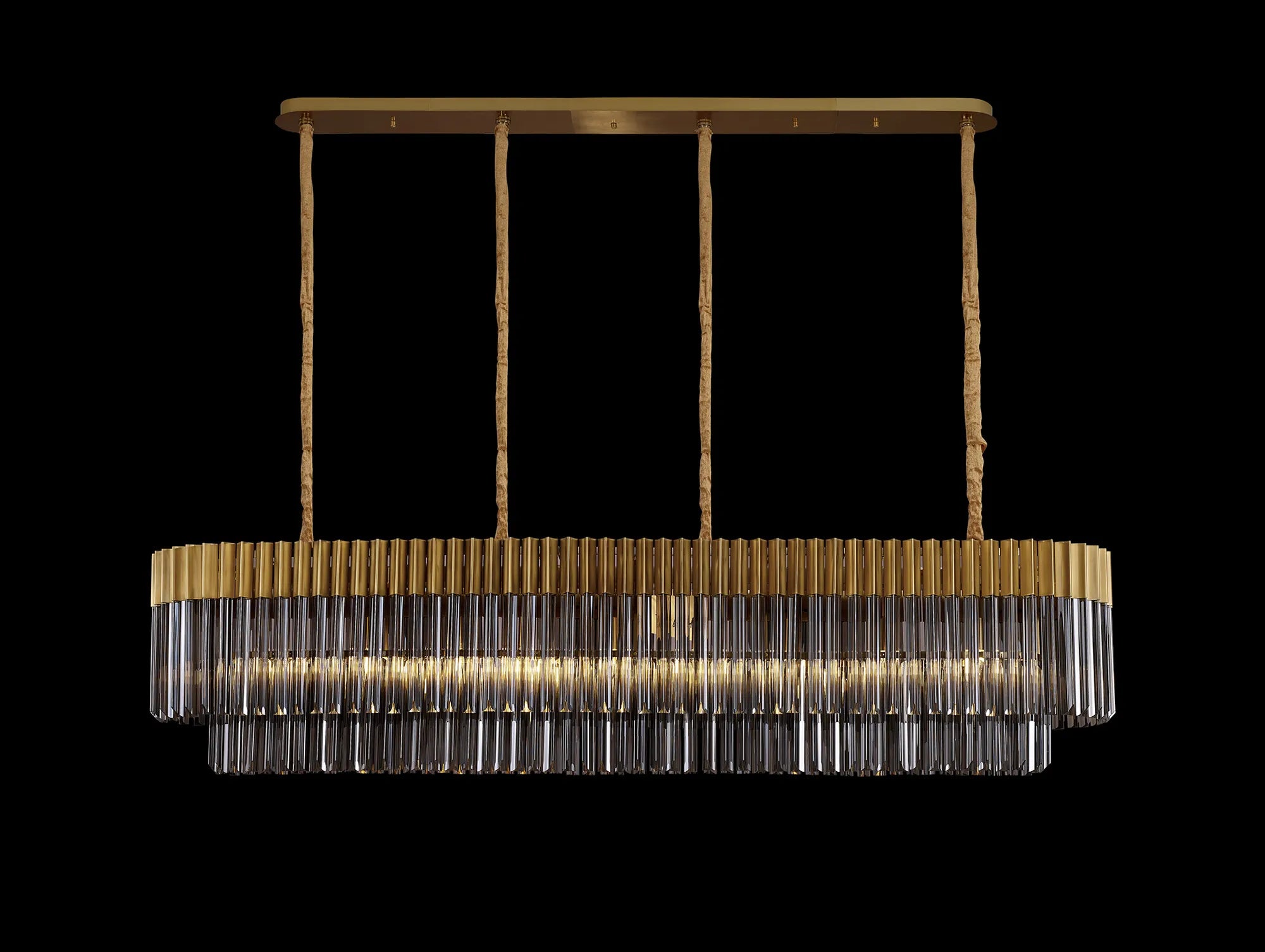 Cedar 180 x 40cm Linear Pendant 9 Light - Brass & Smoked Sculpted Glass