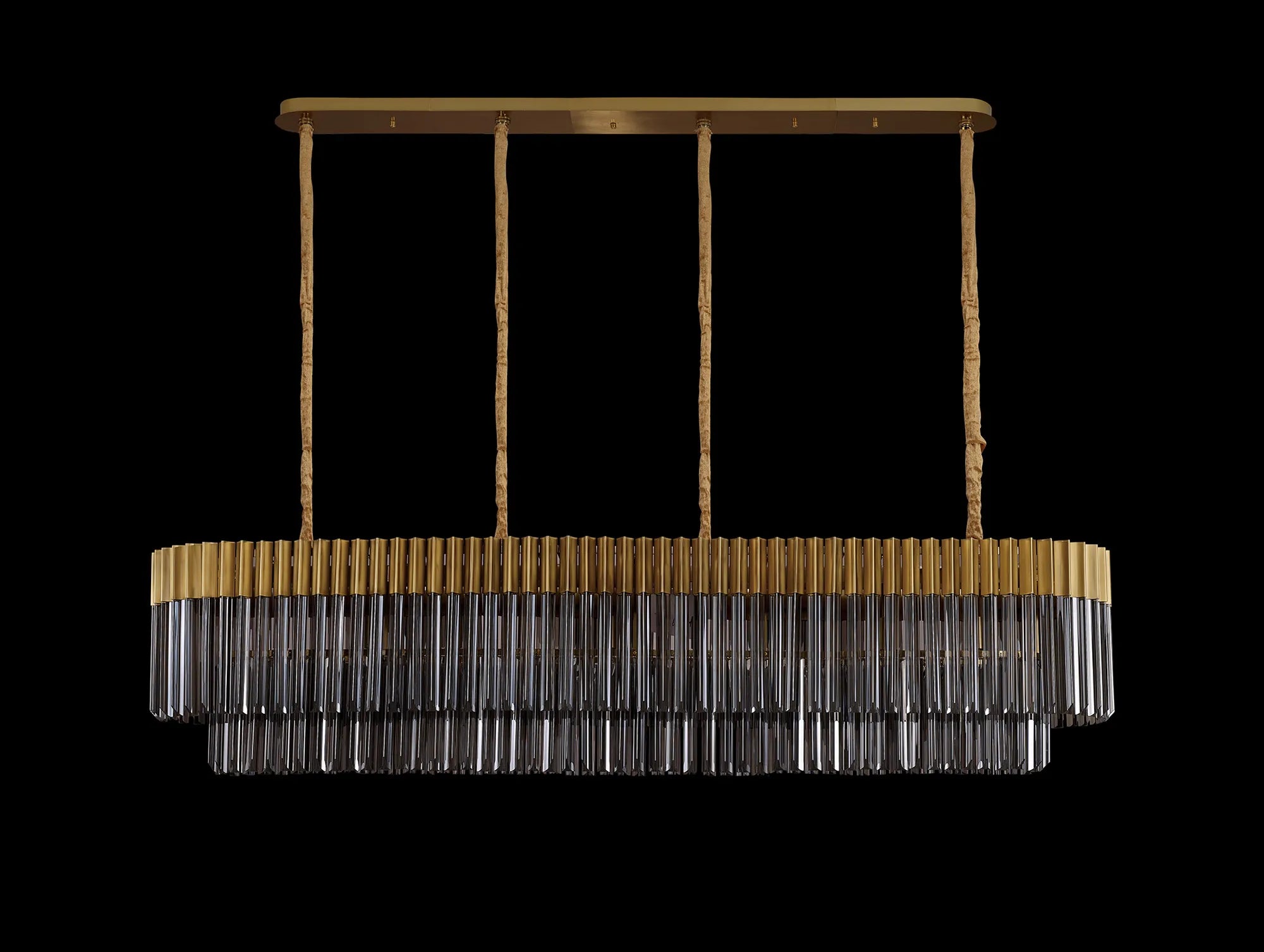 Cedar 180 x 40cm Linear Pendant 9 Light - Brass & Smoked Sculpted Glass
