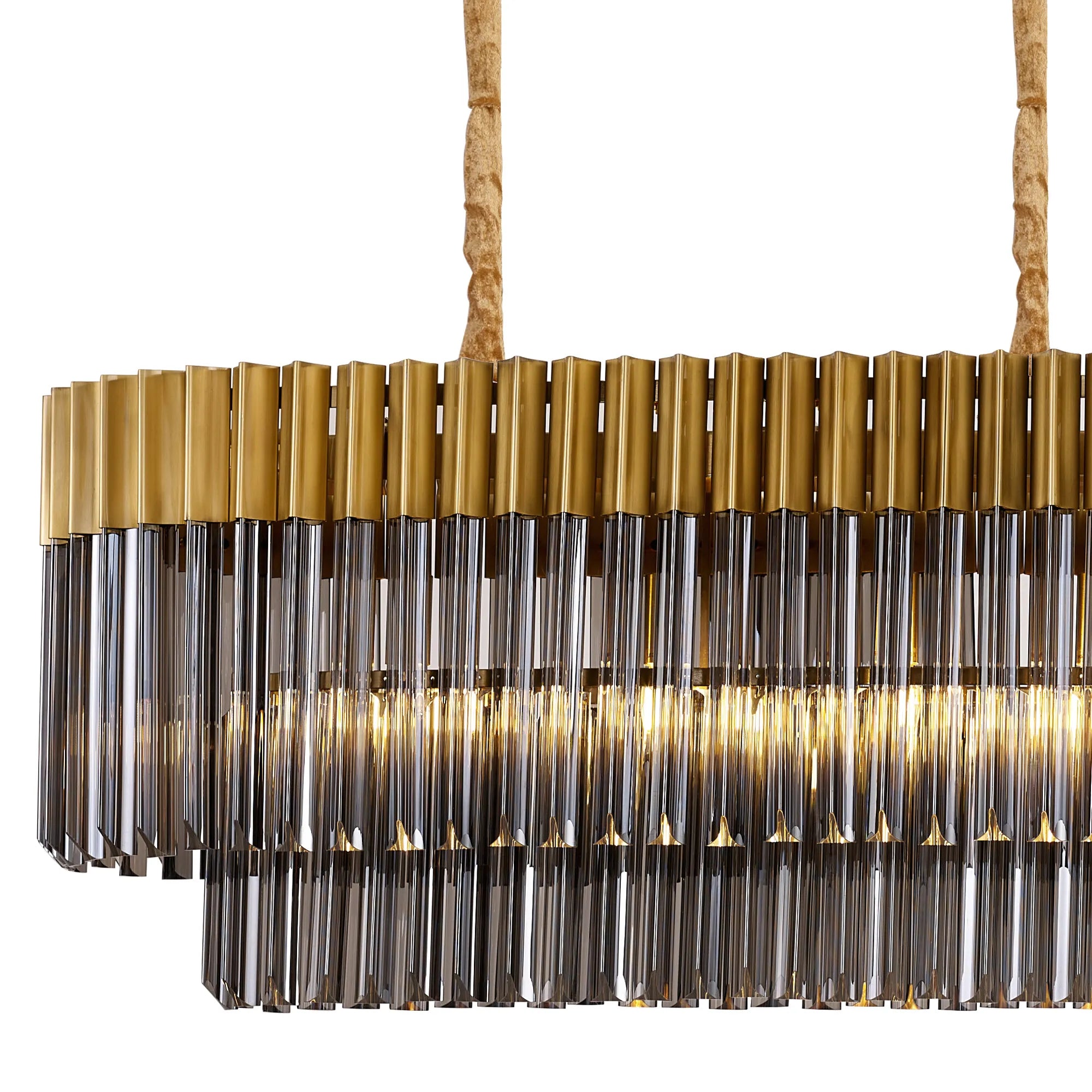 Cedar 180 x 40cm Linear Pendant 9 Light - Brass & Smoked Sculpted Glass