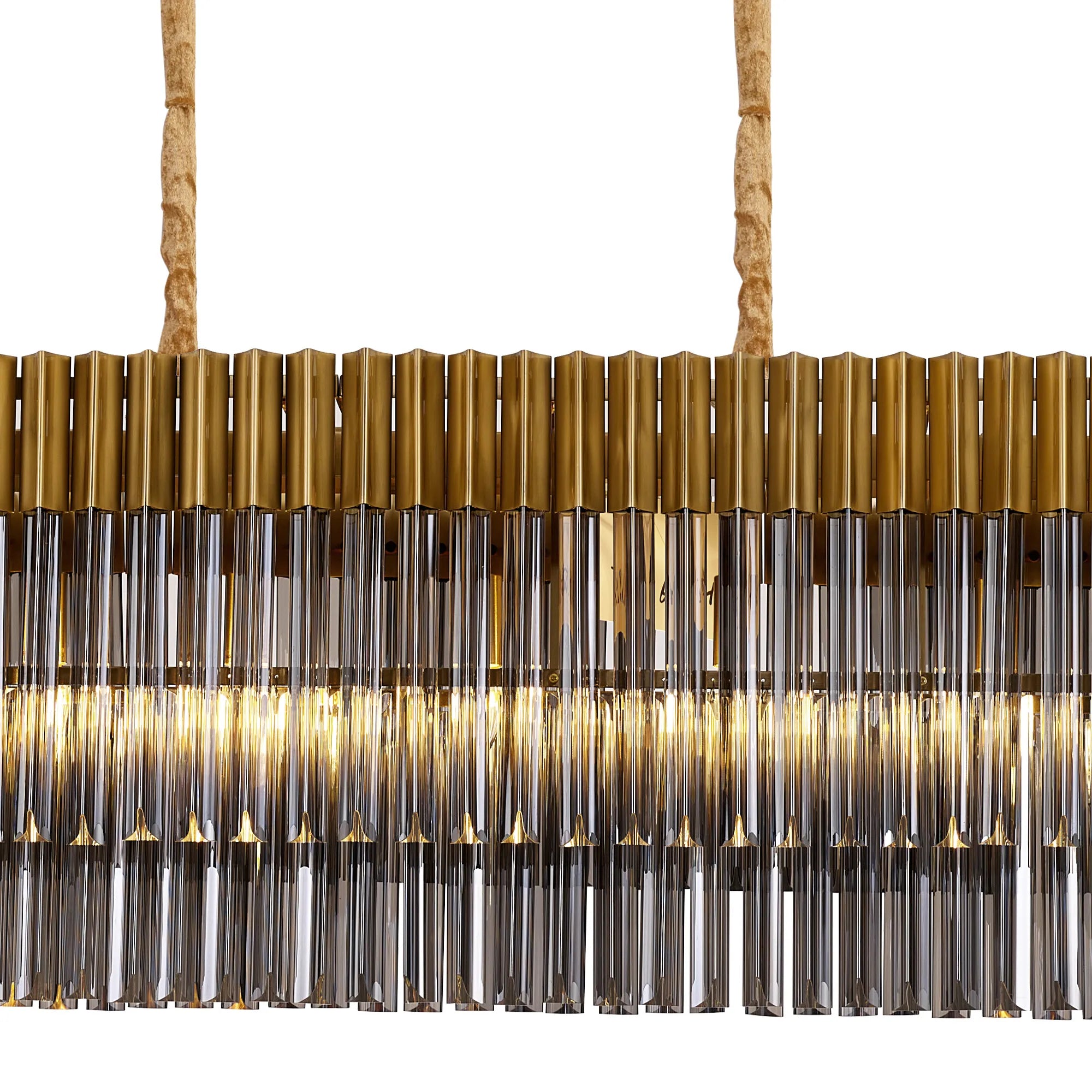 Cedar 180 x 40cm Linear Pendant 9 Light - Brass & Smoked Sculpted Glass