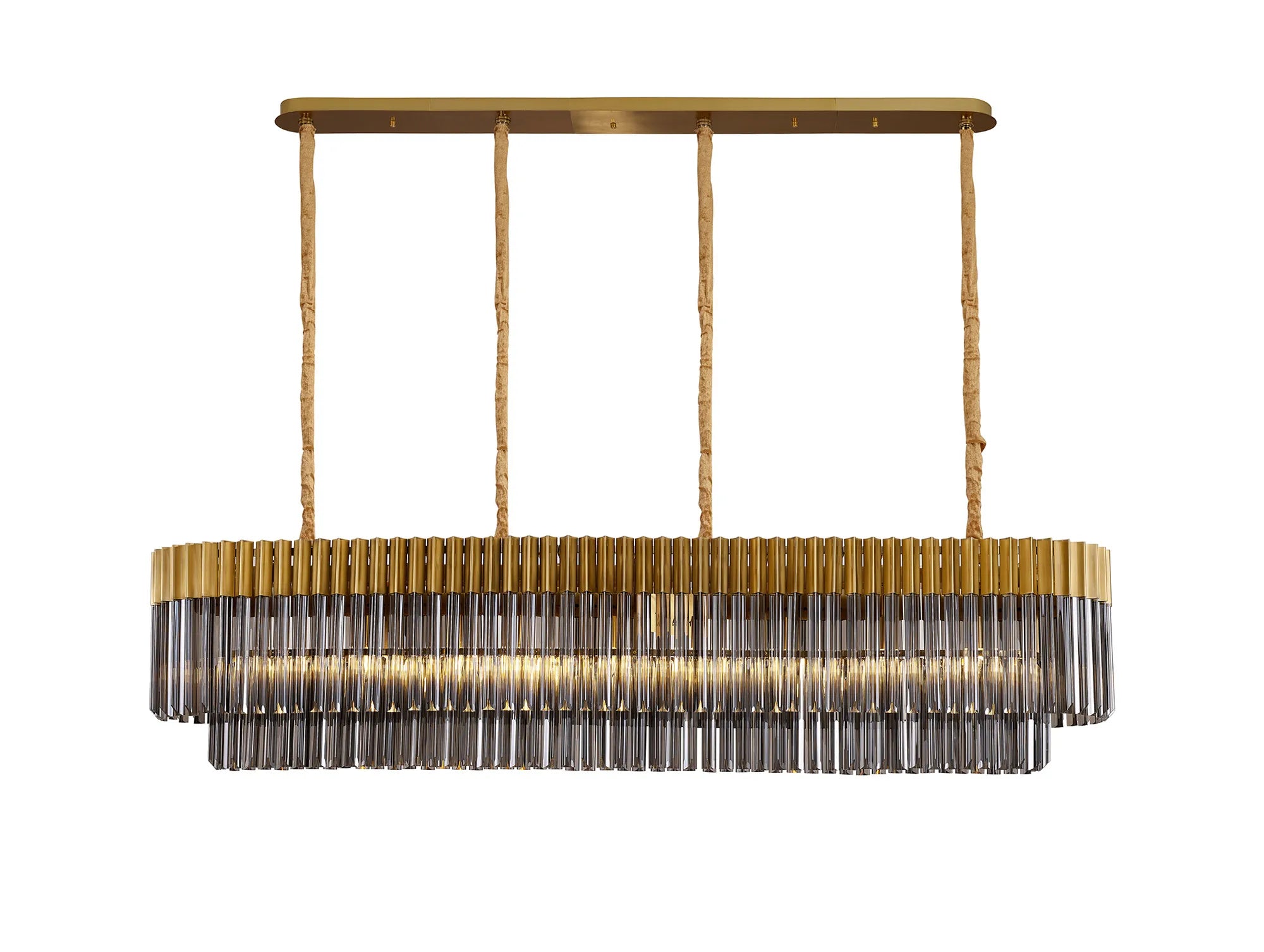 Cedar 180 x 40cm Linear Pendant 9 Light - Brass & Smoked Sculpted Glass