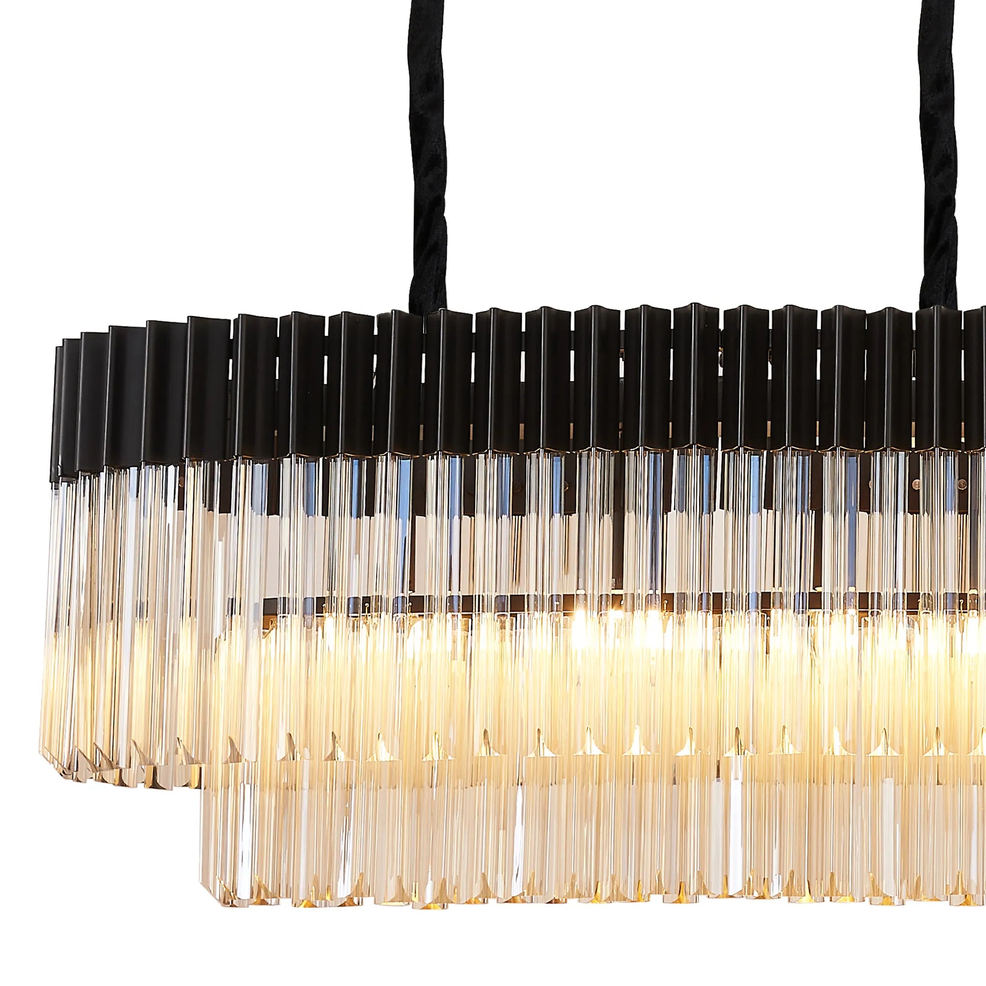 Cedar 180 x 40cm Linear Pendant 9 Light - Matt Black & Cognac Sculpted Glass