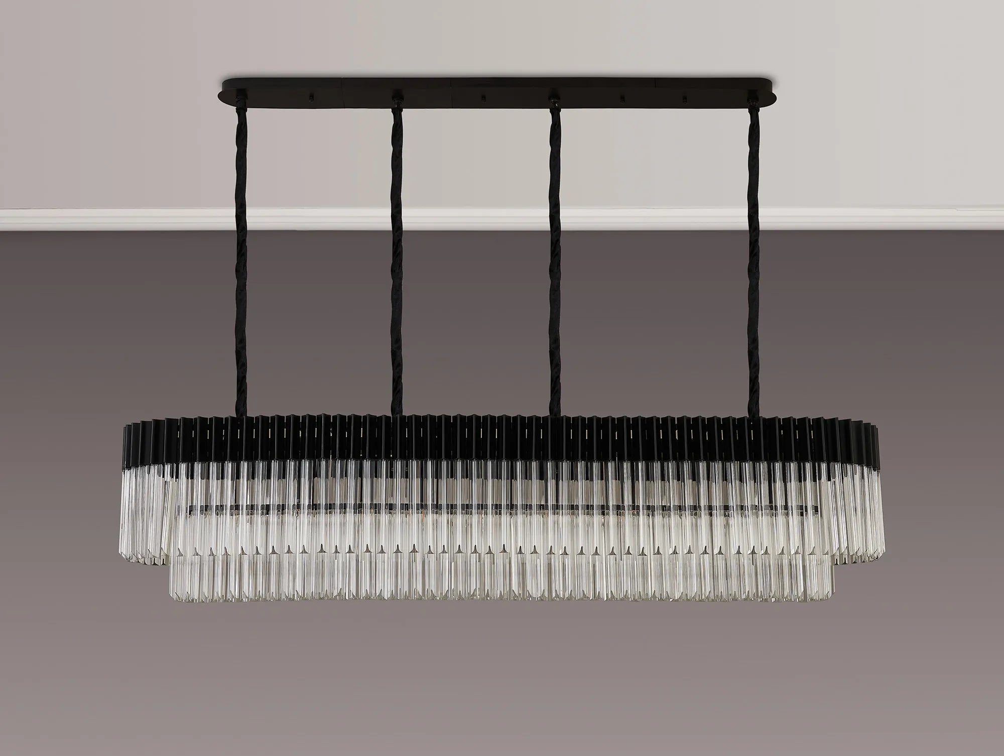 Cedar 180 x 40cm Linear Pendant 9 Light - Matt Black & Clear Sculpted Glass