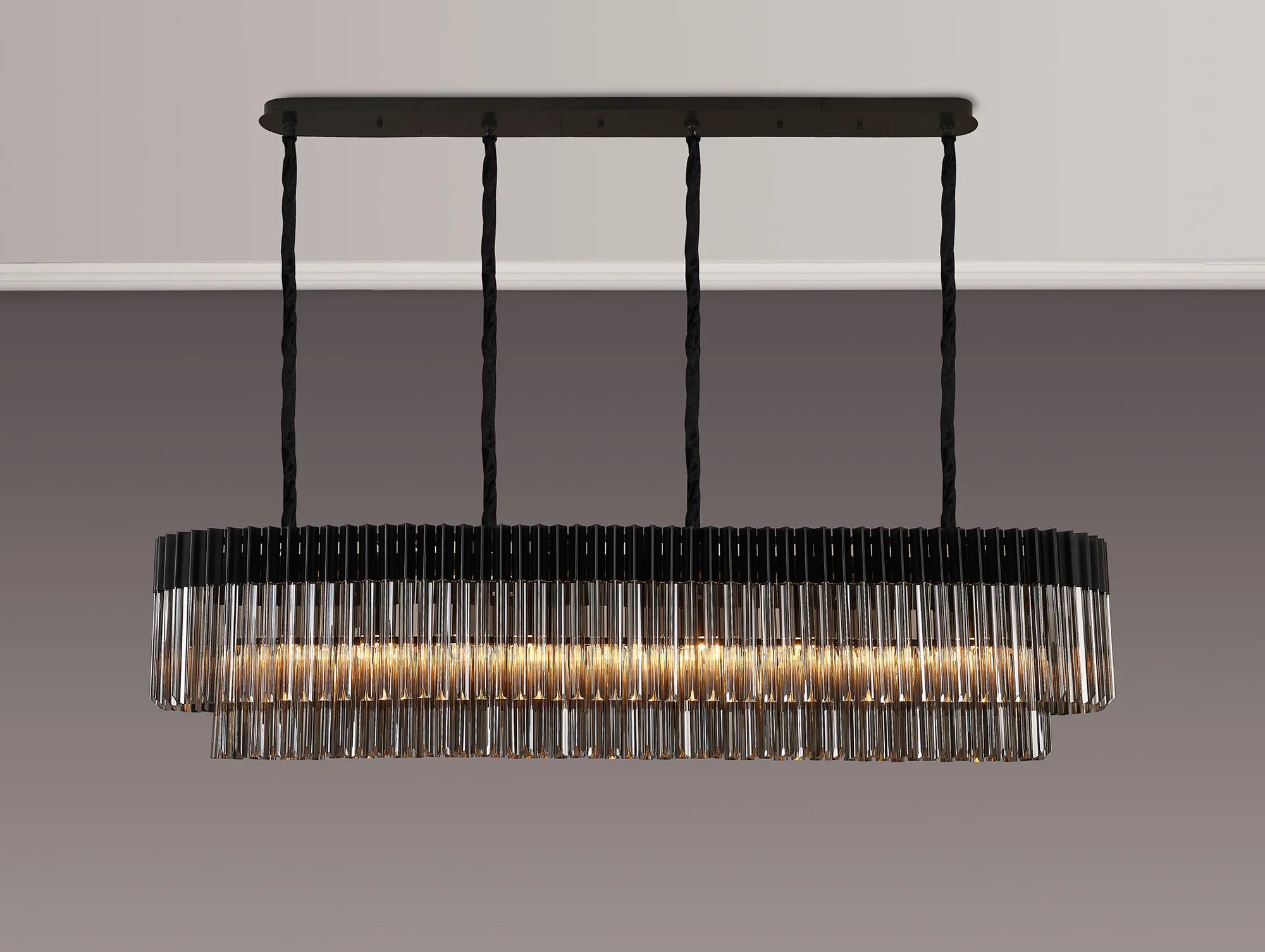 Cedar 180 x 40cm Linear Pendant 9 Light - Matt Black & Smoked Sculpted Glass