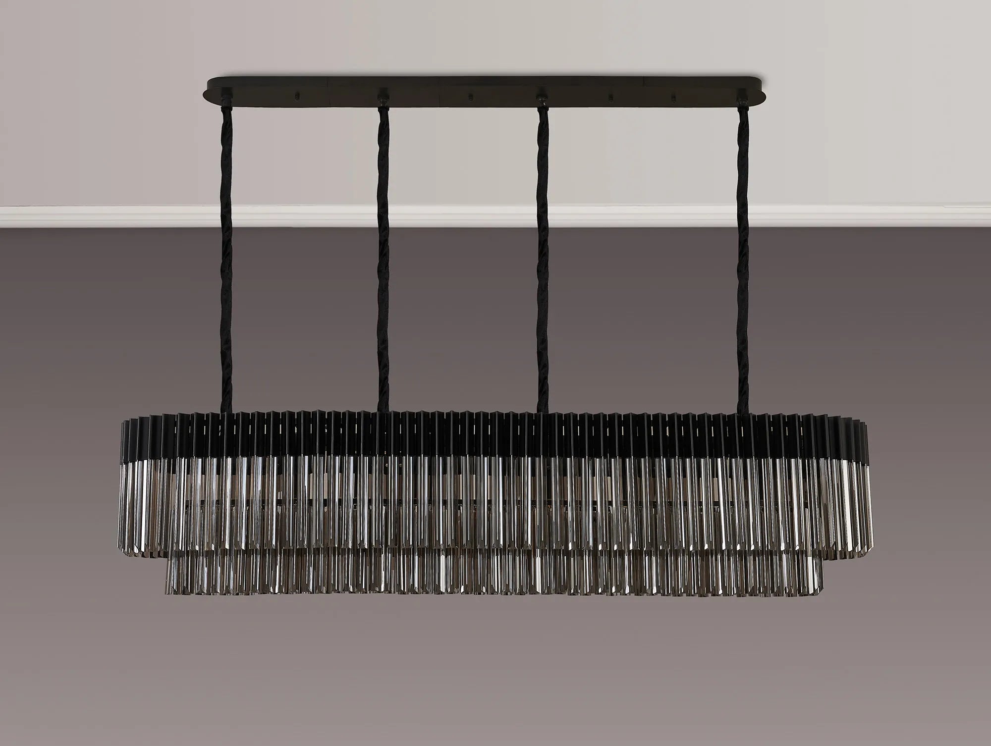 Cedar 180 x 40cm Linear Pendant 9 Light - Matt Black & Smoked Sculpted Glass