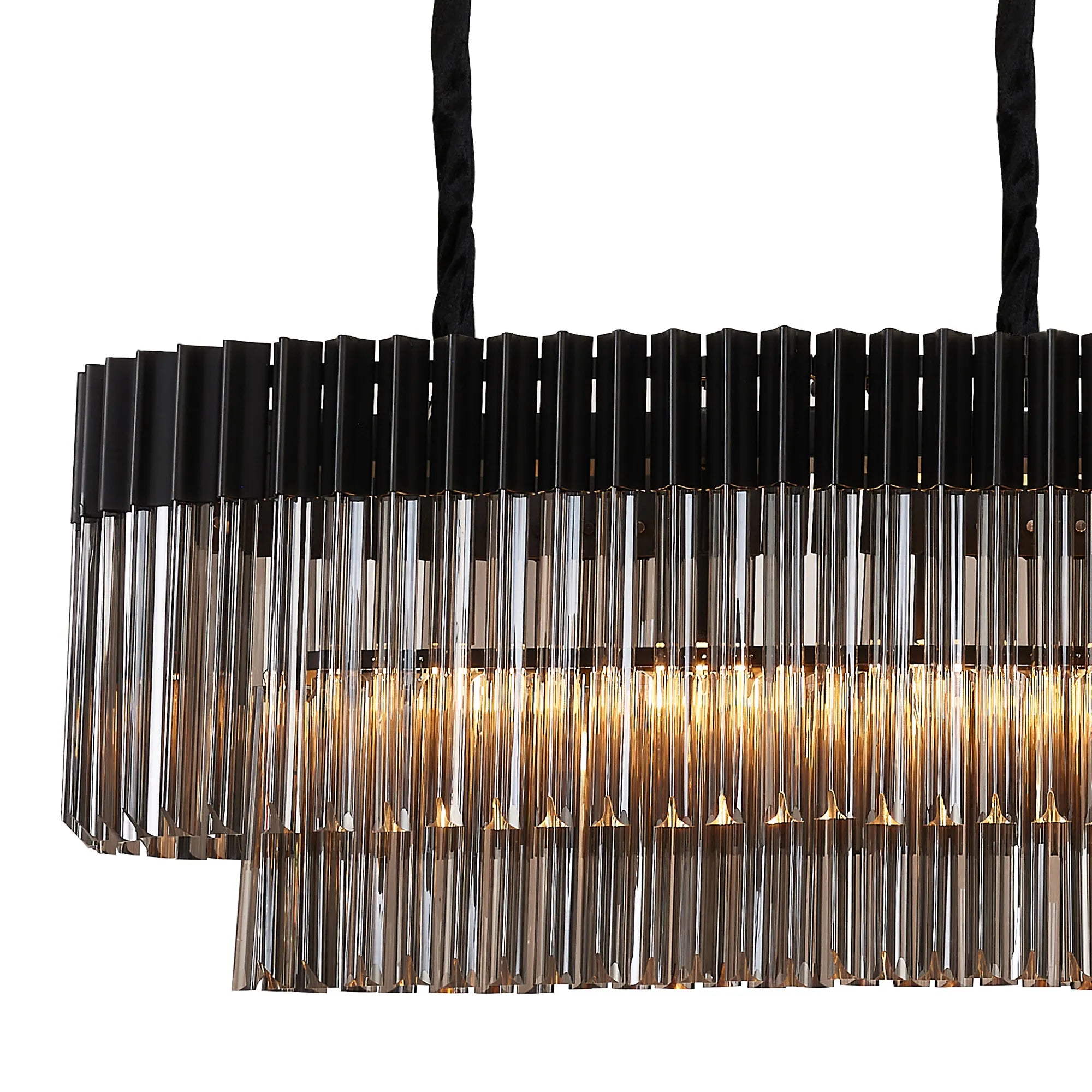 Cedar 180 x 40cm Linear Pendant 9 Light - Matt Black & Smoked Sculpted Glass