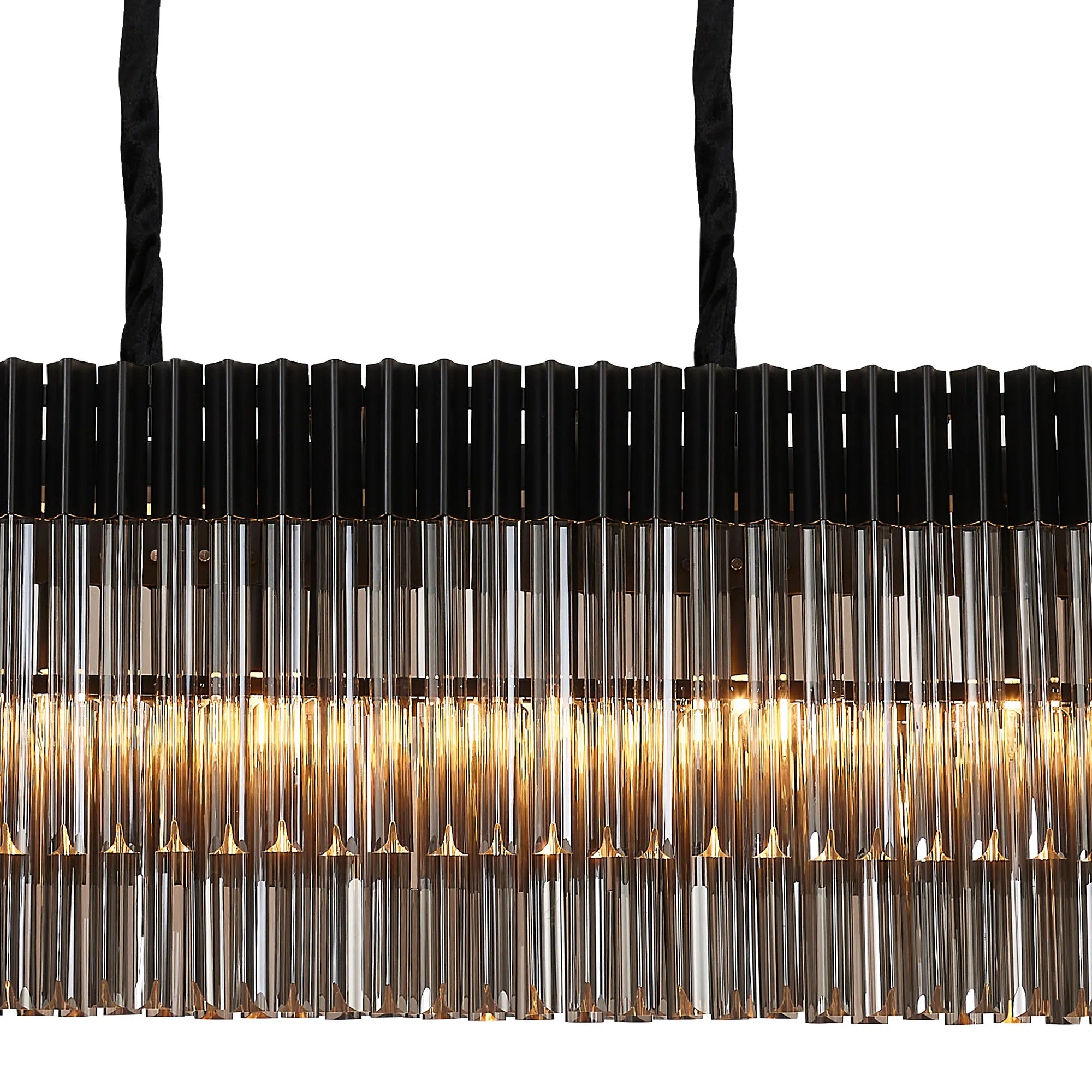 Cedar 180 x 40cm Linear Pendant 9 Light - Matt Black & Smoked Sculpted Glass