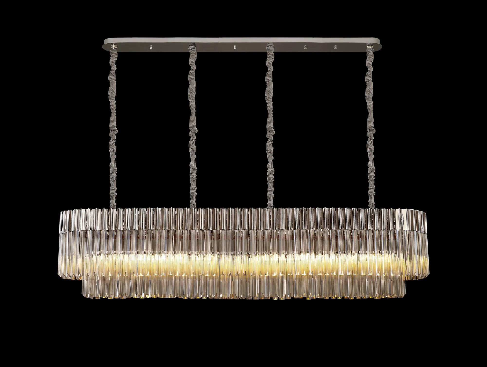 Cedar 180 x 40cm Linear Pendant 9 Light - Polished Nickel & Cognac Sculpted Glass