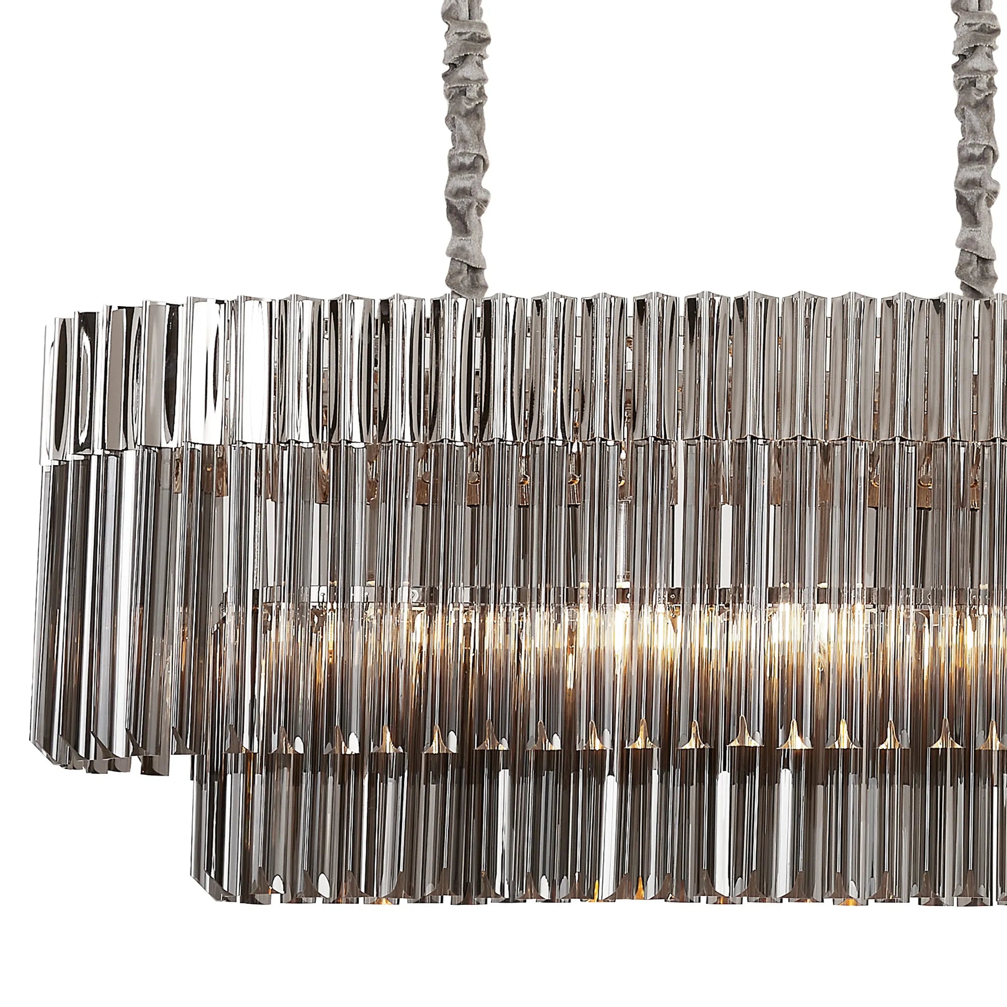 Cedar 180 x 40cm Linear Pendant 9 Light - Polished Nickel & Smoked Sculpted Glass