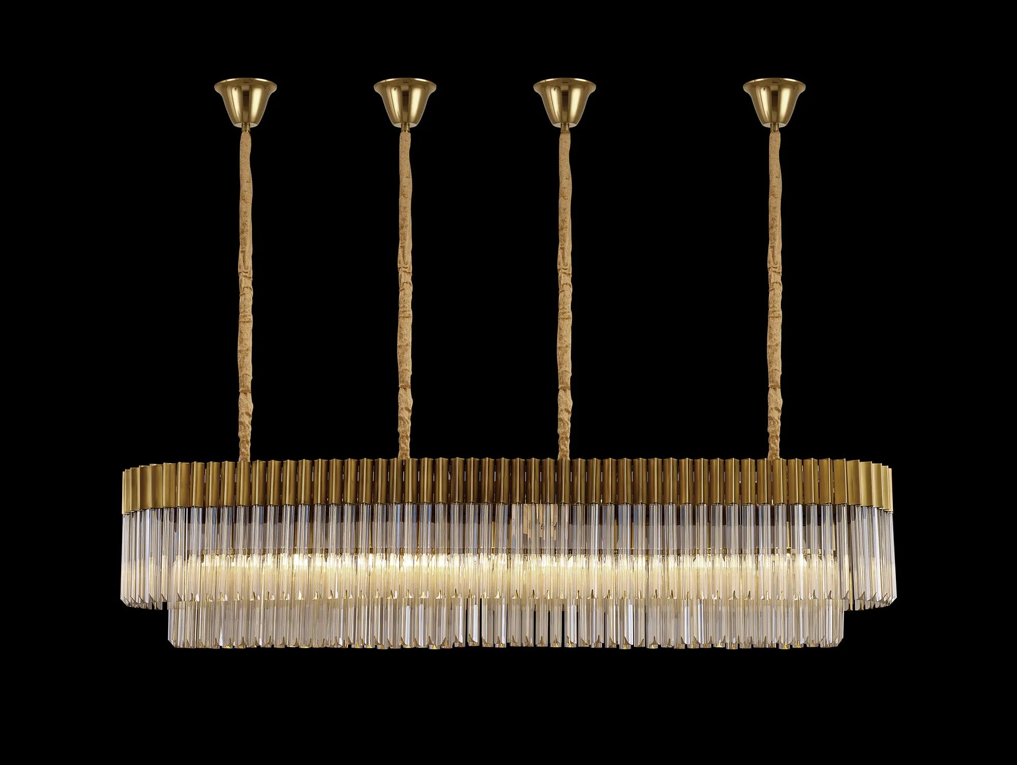 Cedar 180 x 40cm Linear Pendant With Bell Cup 9 Light - Brass & Cognac Sculpted Glass