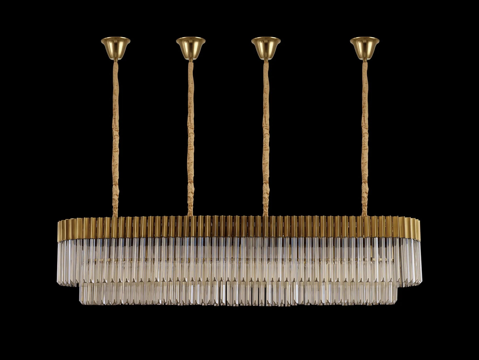 Cedar 180 x 40cm Linear Pendant With Bell Cup 9 Light - Brass & Cognac Sculpted Glass