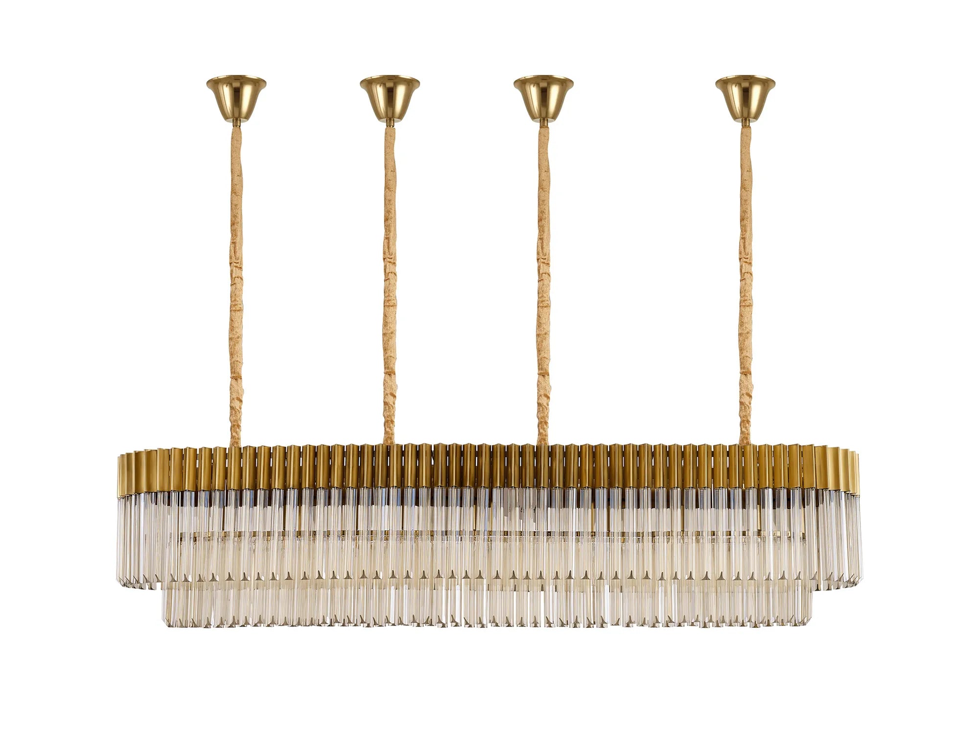Cedar 180 x 40cm Linear Pendant With Bell Cup 9 Light - Brass & Cognac Sculpted Glass