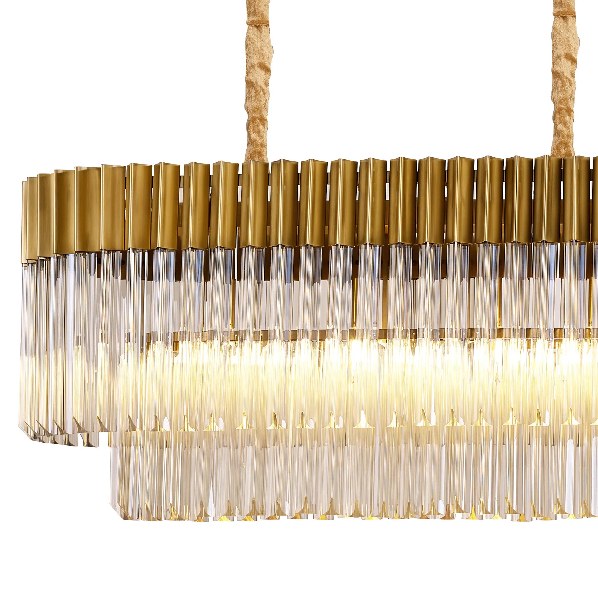 Cedar 180 x 40cm Linear Pendant With Bell Cup 9 Light - Brass & Cognac Sculpted Glass