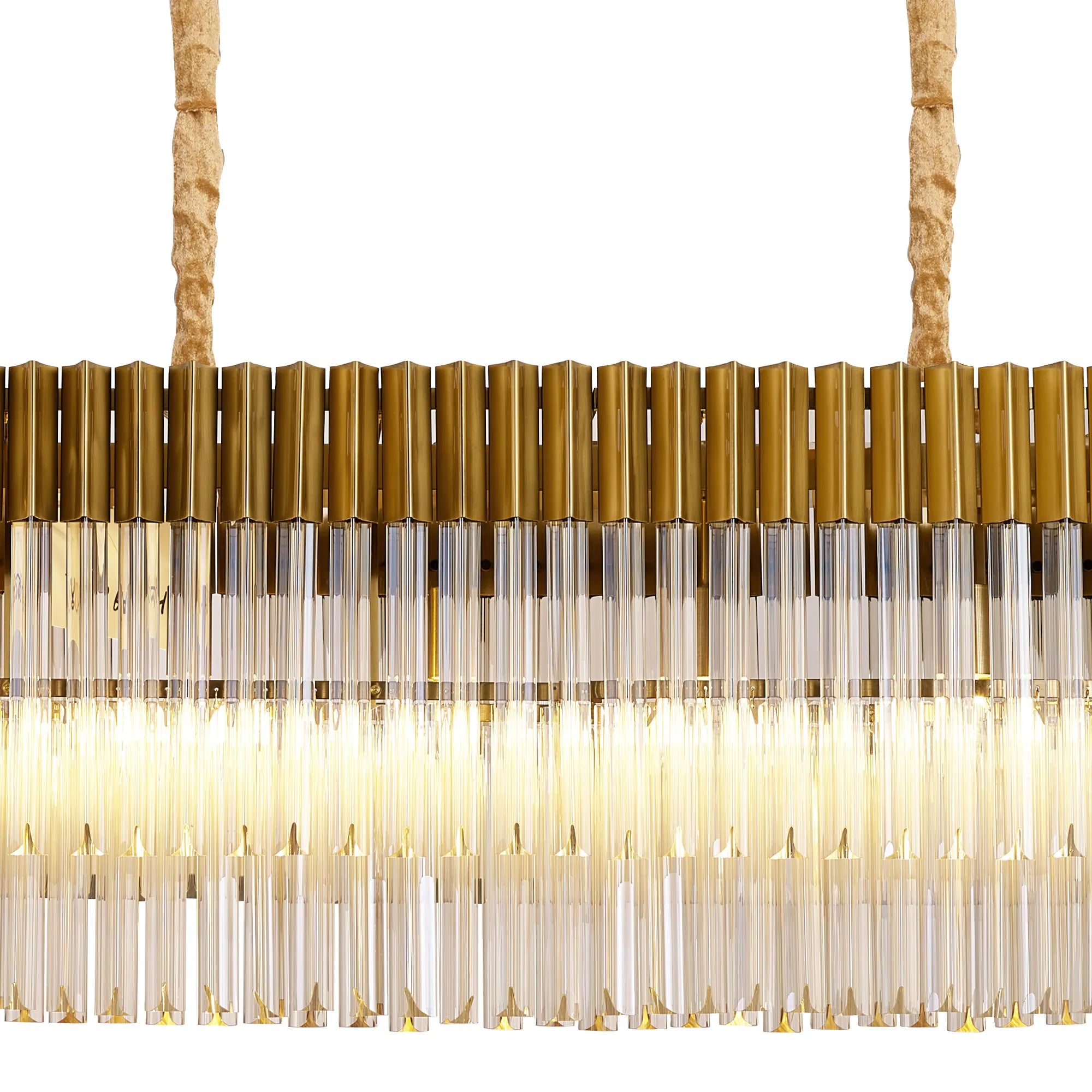 Cedar 180 x 40cm Linear Pendant With Bell Cup 9 Light - Brass & Cognac Sculpted Glass