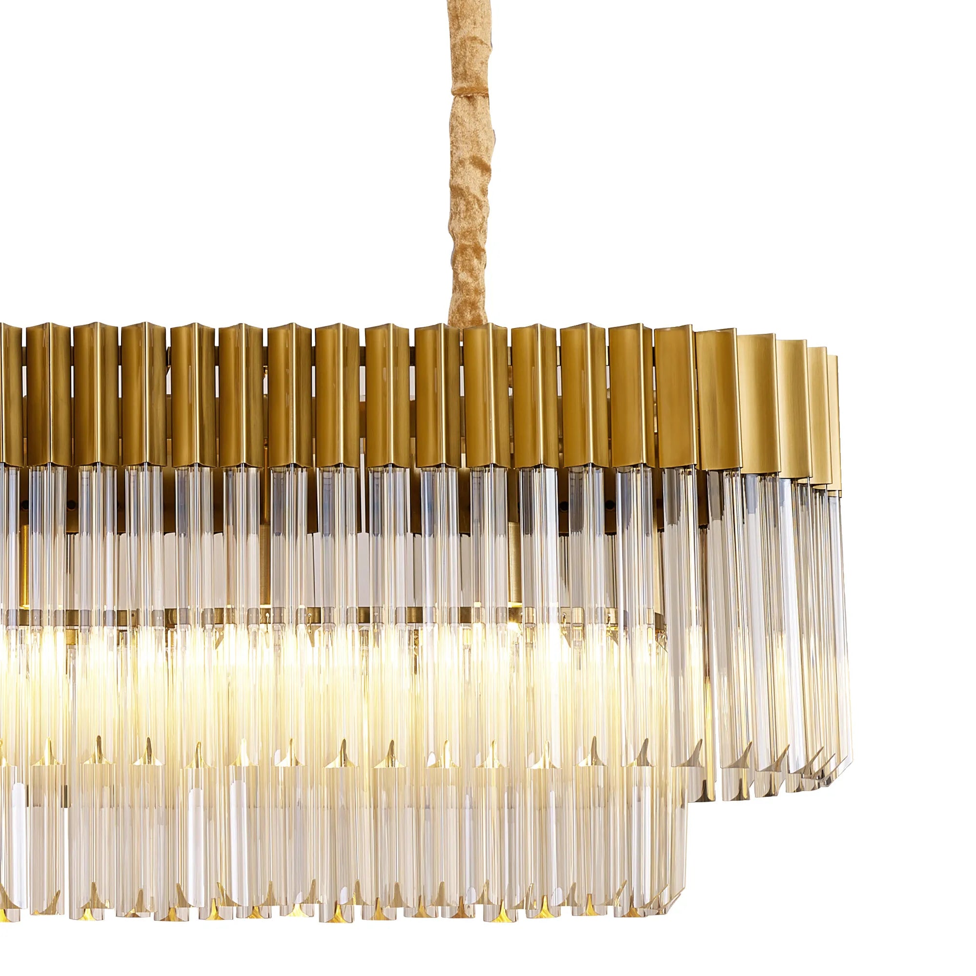 Cedar 180 x 40cm Linear Pendant With Bell Cup 9 Light - Brass & Cognac Sculpted Glass