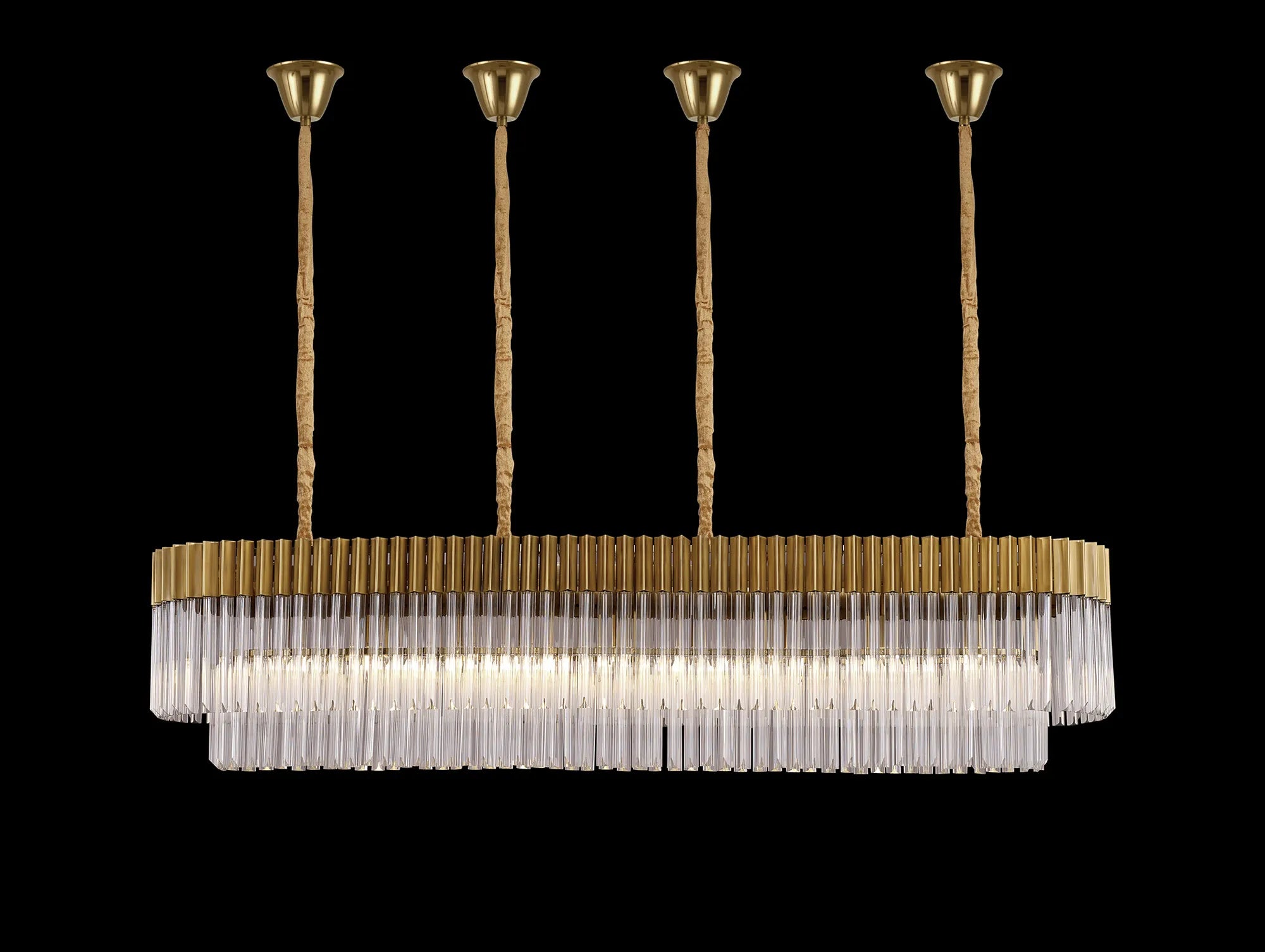 Cedar 180 x 40cm Linear Pendant With Bell Cup 9 Light - Brass & Clear Sculpted Glass