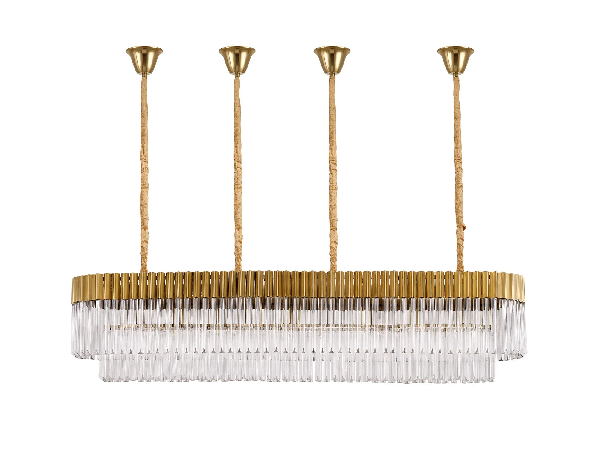 Cedar 180 x 40cm Linear Pendant With Bell Cup 9 Light - Brass & Clear Sculpted Glass