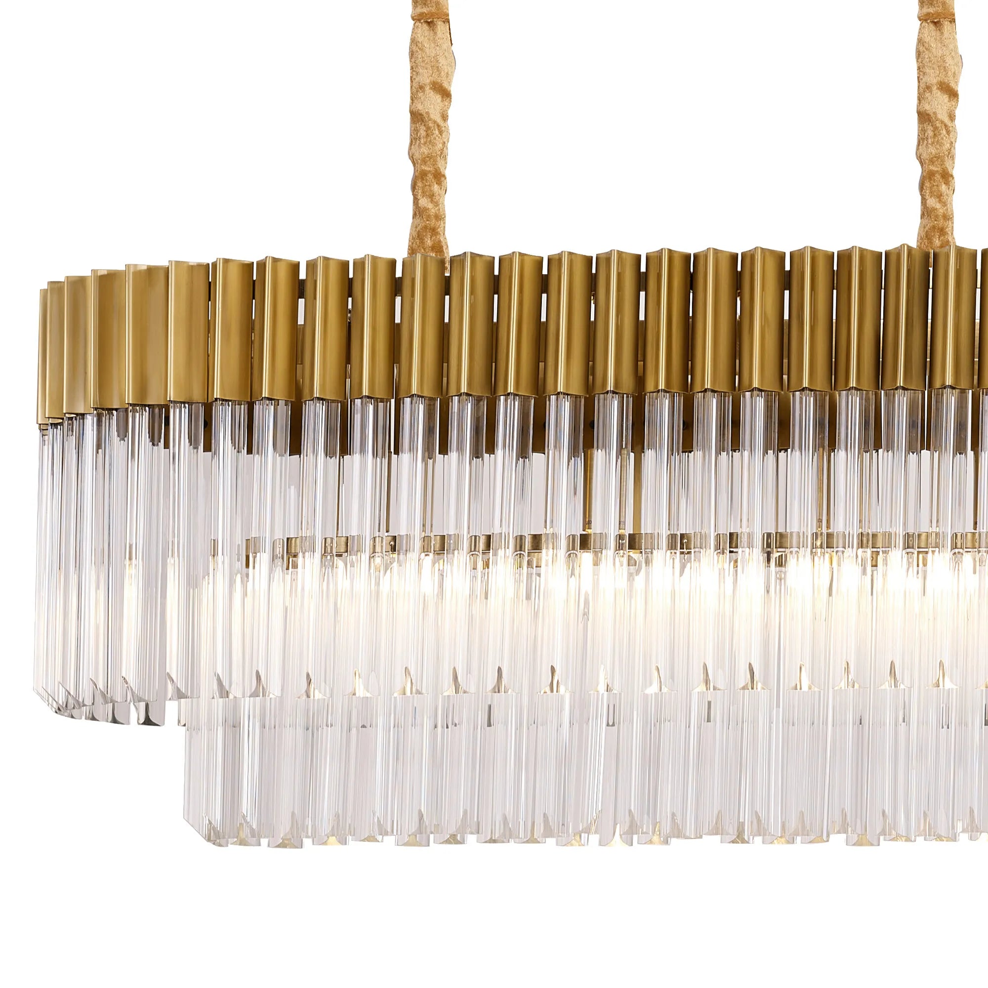 Cedar 180 x 40cm Linear Pendant With Bell Cup 9 Light - Brass & Clear Sculpted Glass