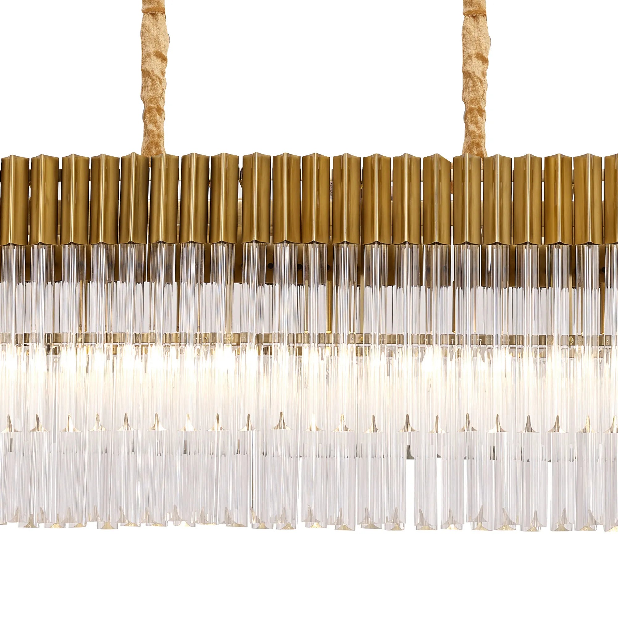 Cedar 180 x 40cm Linear Pendant With Bell Cup 9 Light - Brass & Clear Sculpted Glass