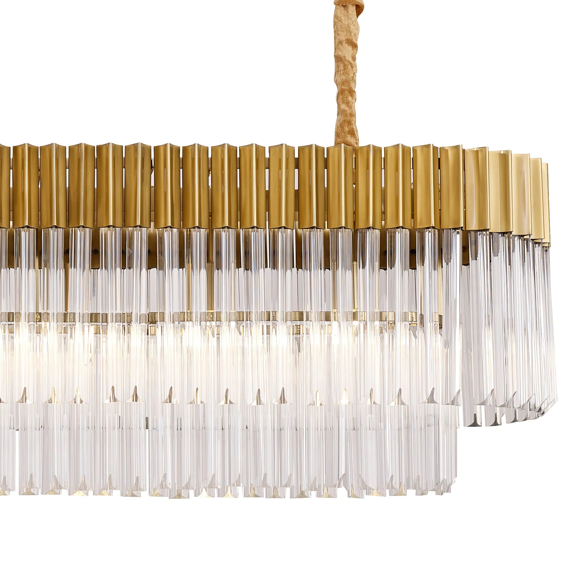 Cedar 180 x 40cm Linear Pendant With Bell Cup 9 Light - Brass & Clear Sculpted Glass