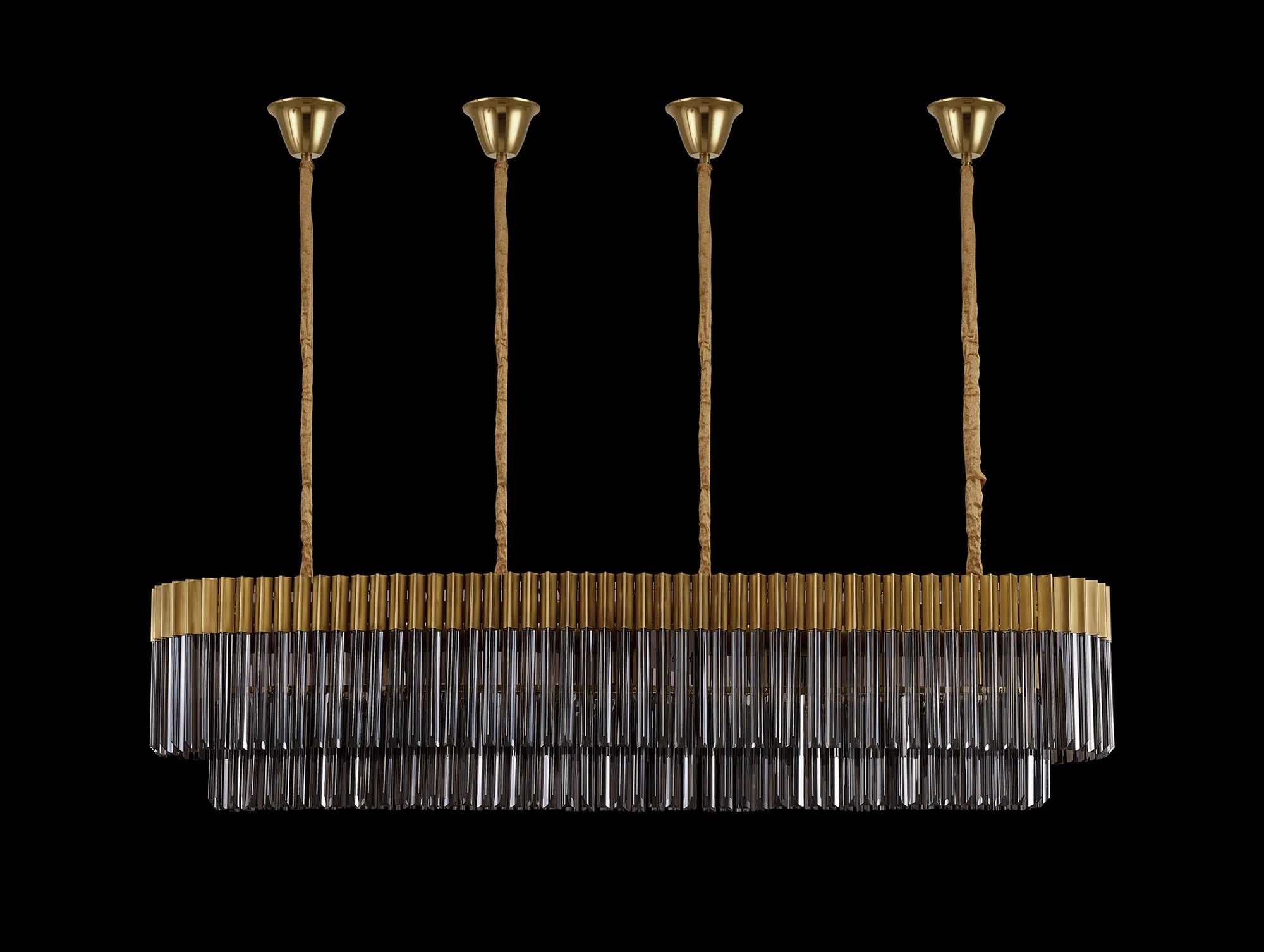 Cedar 180 x 40cm Linear Pendant With Bell Cup 9 Light - Brass & Smoked Sculpted Glass