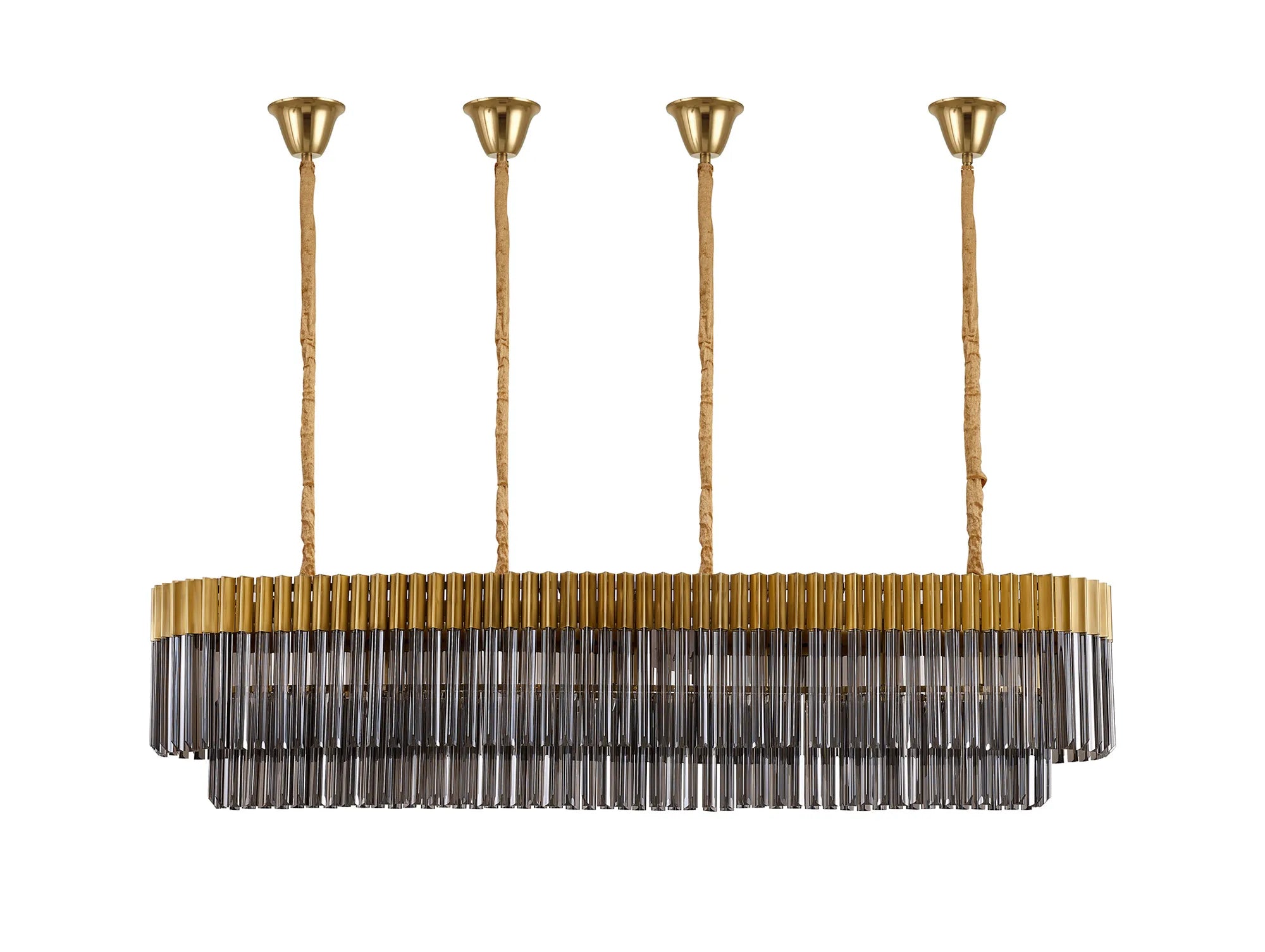 Cedar 180 x 40cm Linear Pendant With Bell Cup 9 Light - Brass & Smoked Sculpted Glass