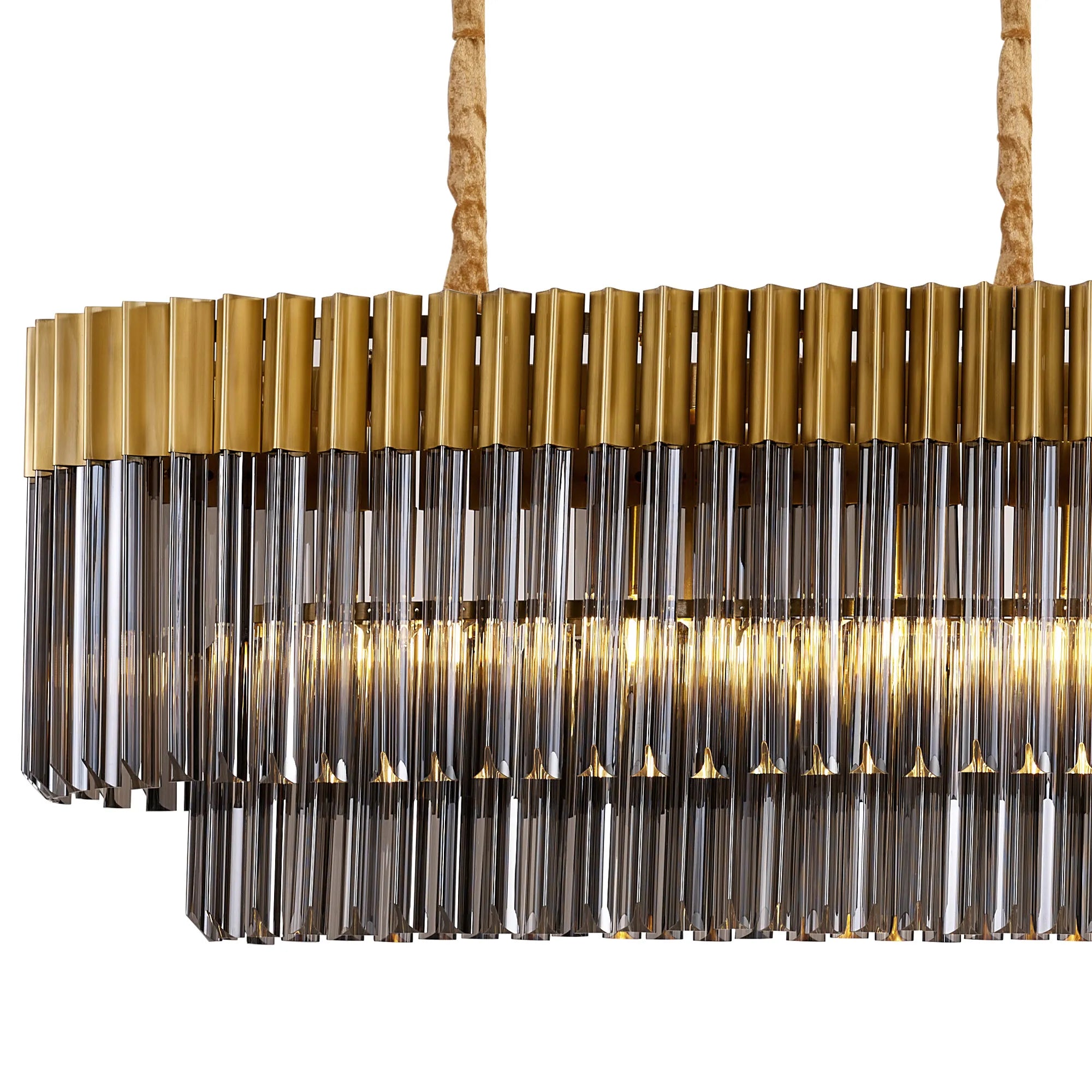 Cedar 180 x 40cm Linear Pendant With Bell Cup 9 Light - Brass & Smoked Sculpted Glass