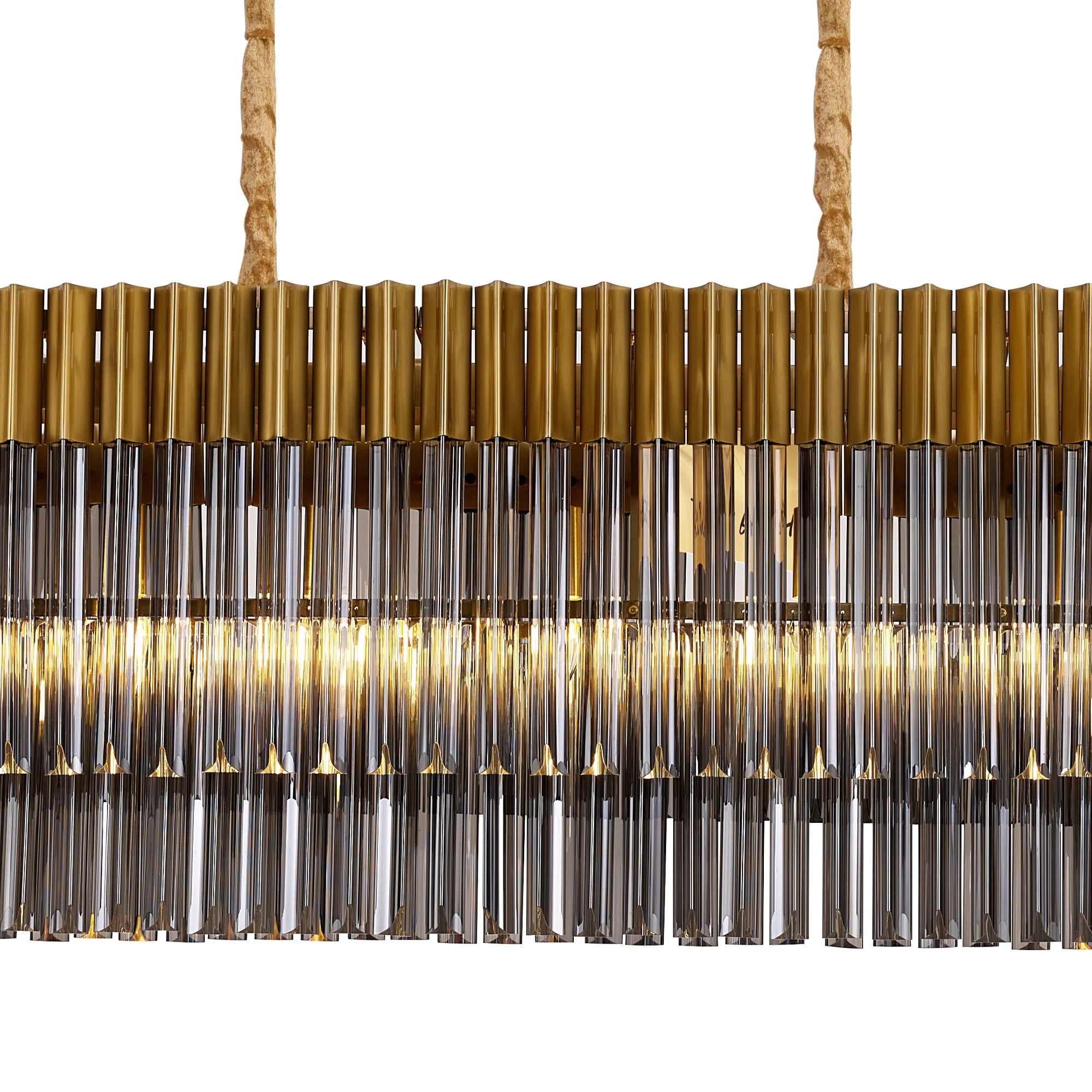 Cedar 180 x 40cm Linear Pendant With Bell Cup 9 Light - Brass & Smoked Sculpted Glass
