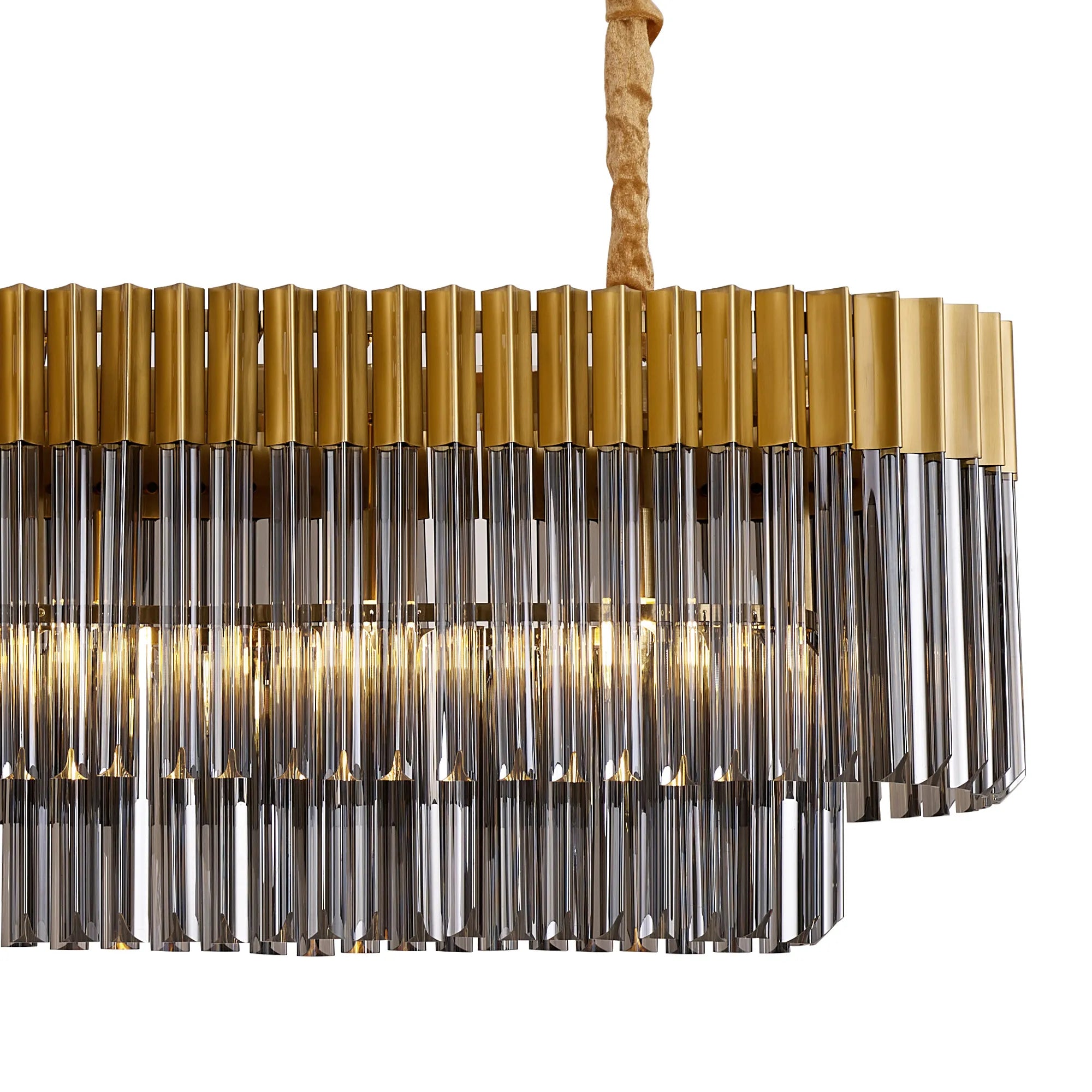 Cedar 180 x 40cm Linear Pendant With Bell Cup 9 Light - Brass & Smoked Sculpted Glass