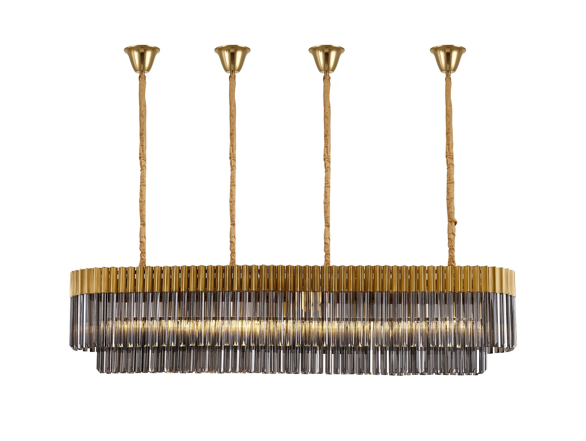 Cedar 180 x 40cm Linear Pendant With Bell Cup 9 Light - Brass & Smoked Sculpted Glass