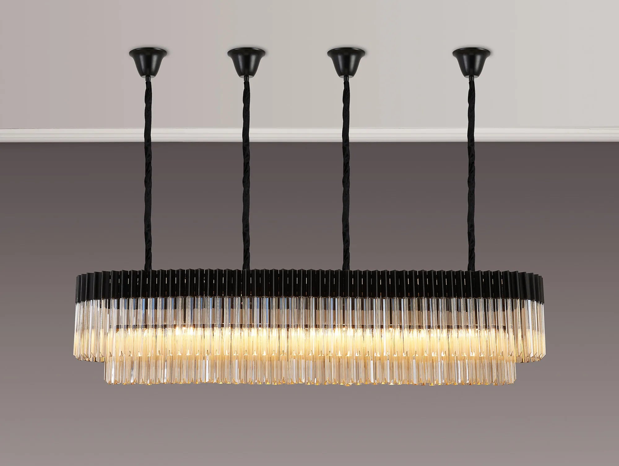 Cedar 180 x 40cm Linear Pendant With Bell Cup 9 Light - Matt Black & Cognac Sculpted Glass