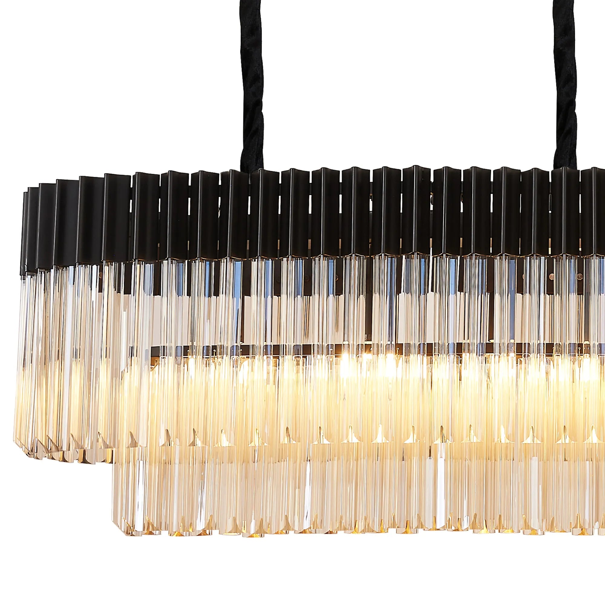 Cedar 180 x 40cm Linear Pendant With Bell Cup 9 Light - Matt Black & Cognac Sculpted Glass