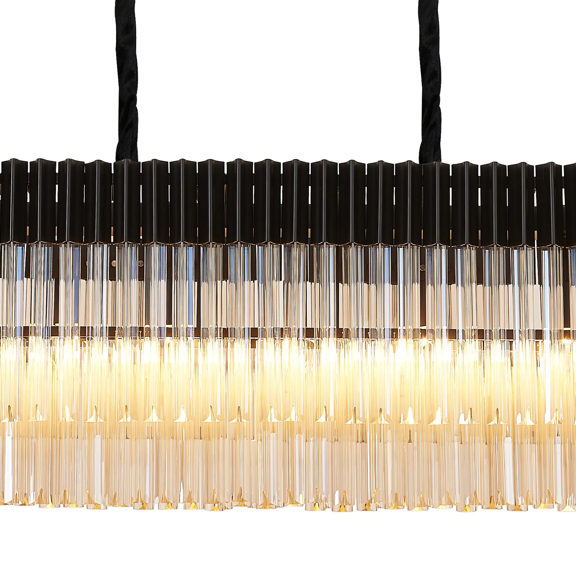 Cedar 180 x 40cm Linear Pendant With Bell Cup 9 Light - Matt Black & Cognac Sculpted Glass