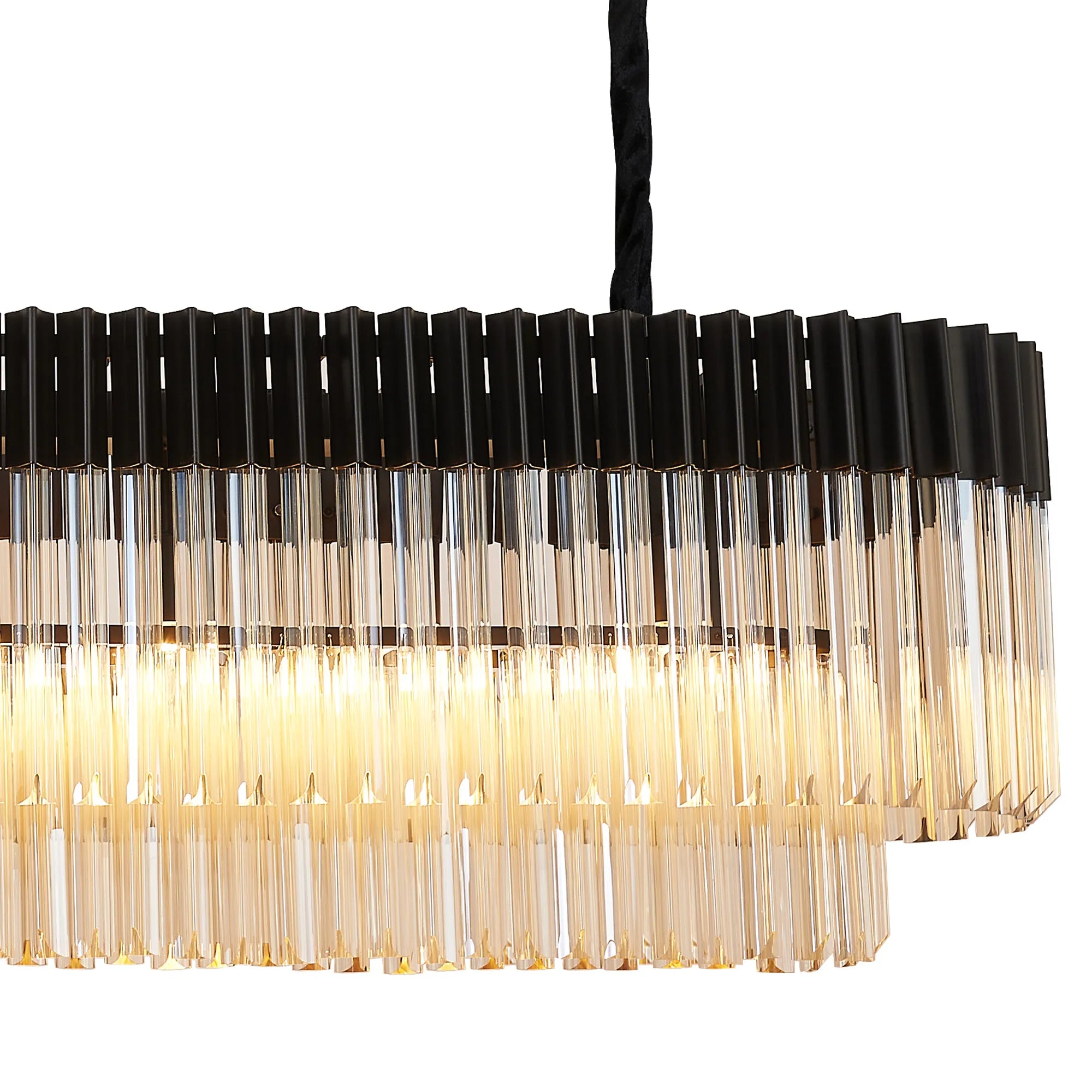 Cedar 180 x 40cm Linear Pendant With Bell Cup 9 Light - Matt Black & Cognac Sculpted Glass