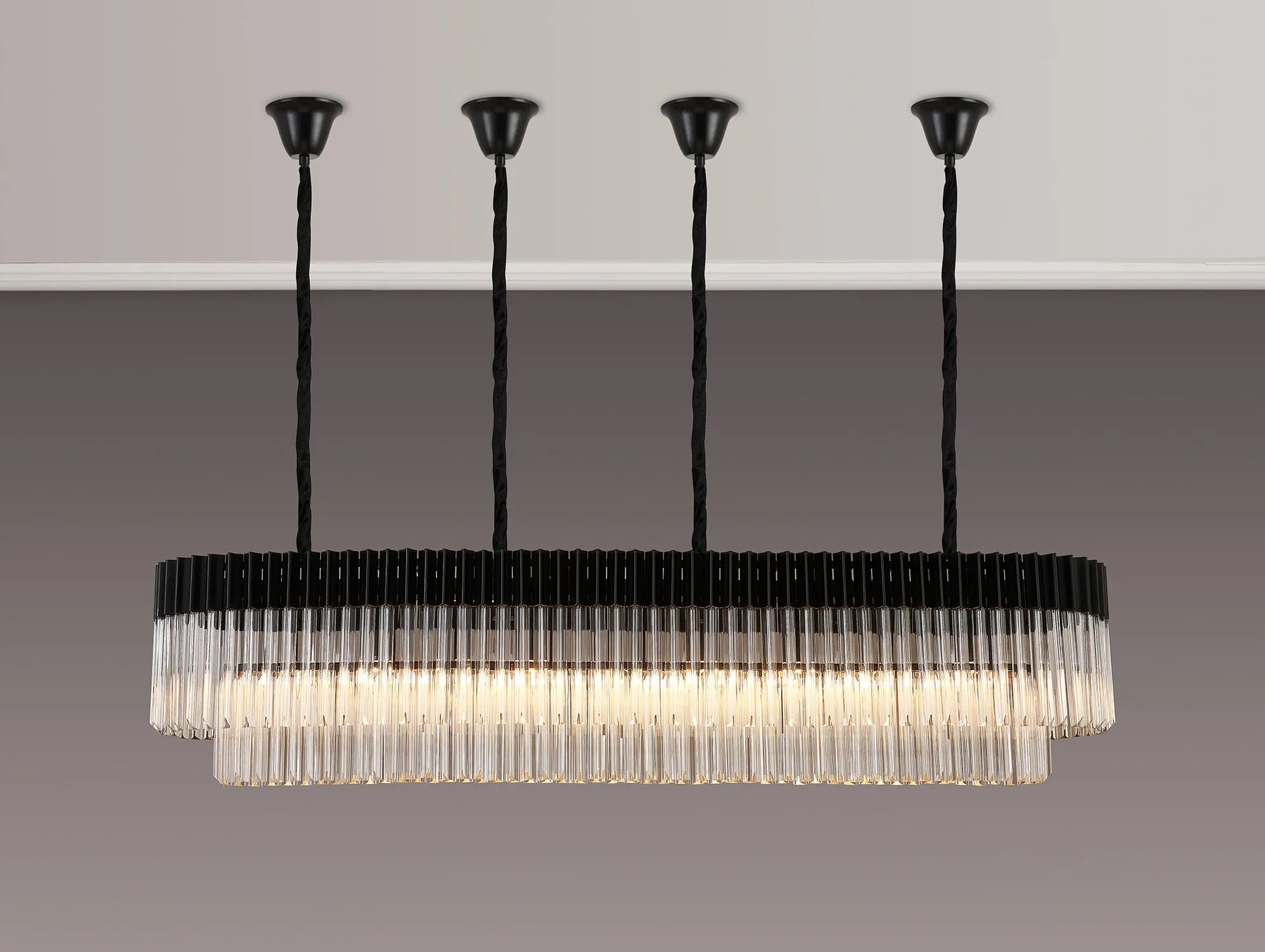 Cedar 180 x 40cm Linear Pendant With Bell Cup 9 Light - Matt Black & Clear Sculpted Glass