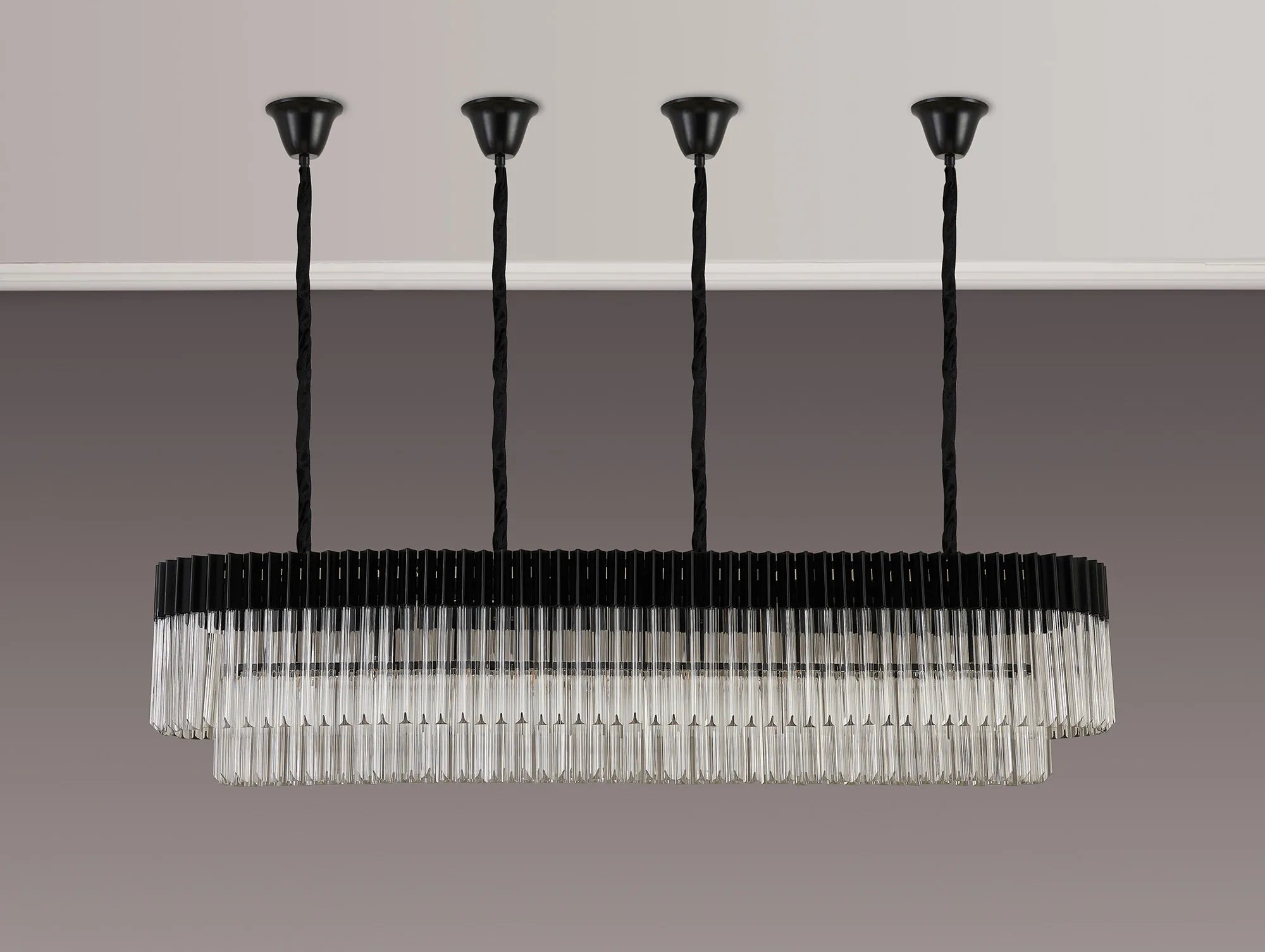 Cedar 180 x 40cm Linear Pendant With Bell Cup 9 Light - Matt Black & Clear Sculpted Glass