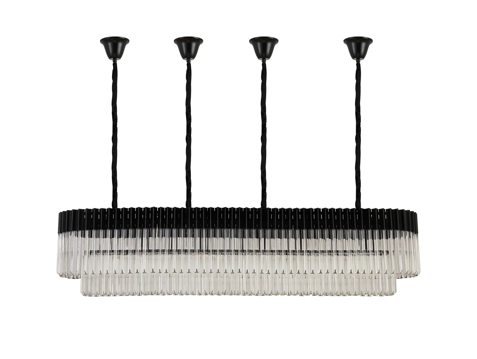 Cedar 180 x 40cm Linear Pendant With Bell Cup 9 Light - Matt Black & Clear Sculpted Glass
