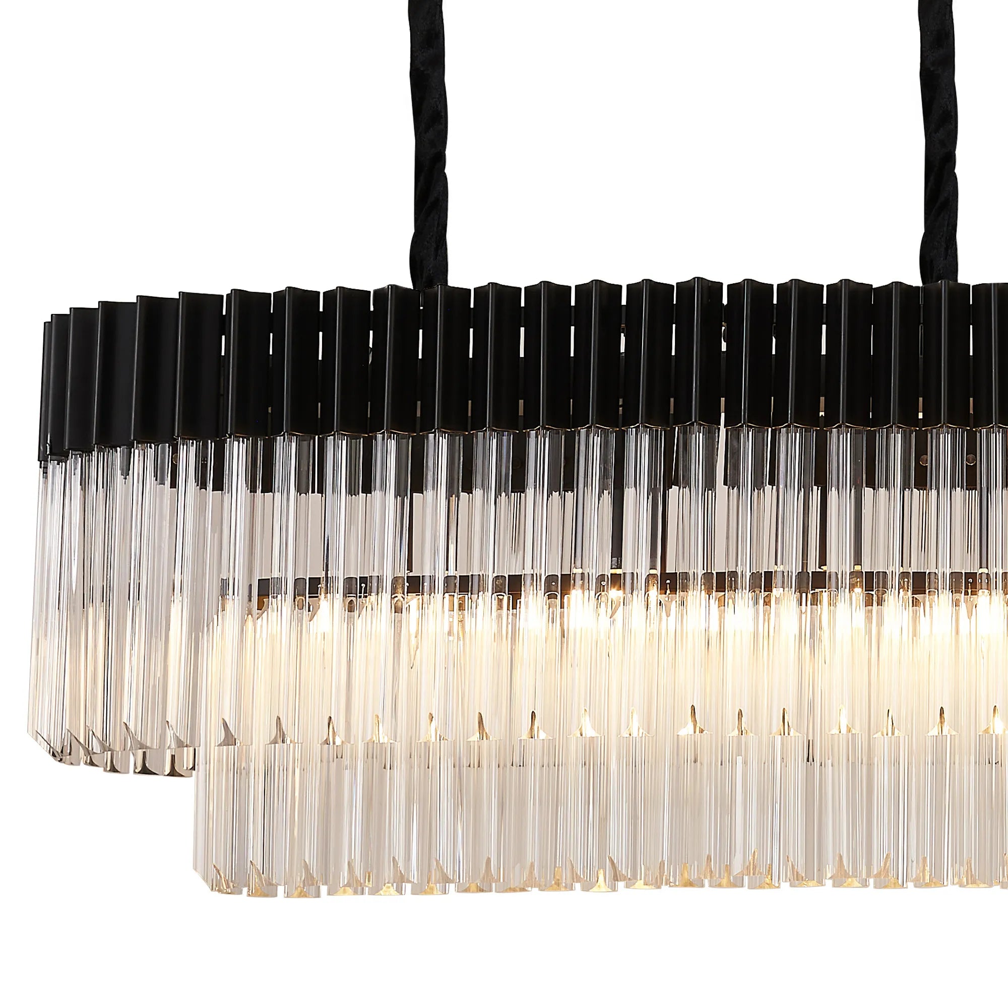 Cedar 180 x 40cm Linear Pendant With Bell Cup 9 Light - Matt Black & Clear Sculpted Glass