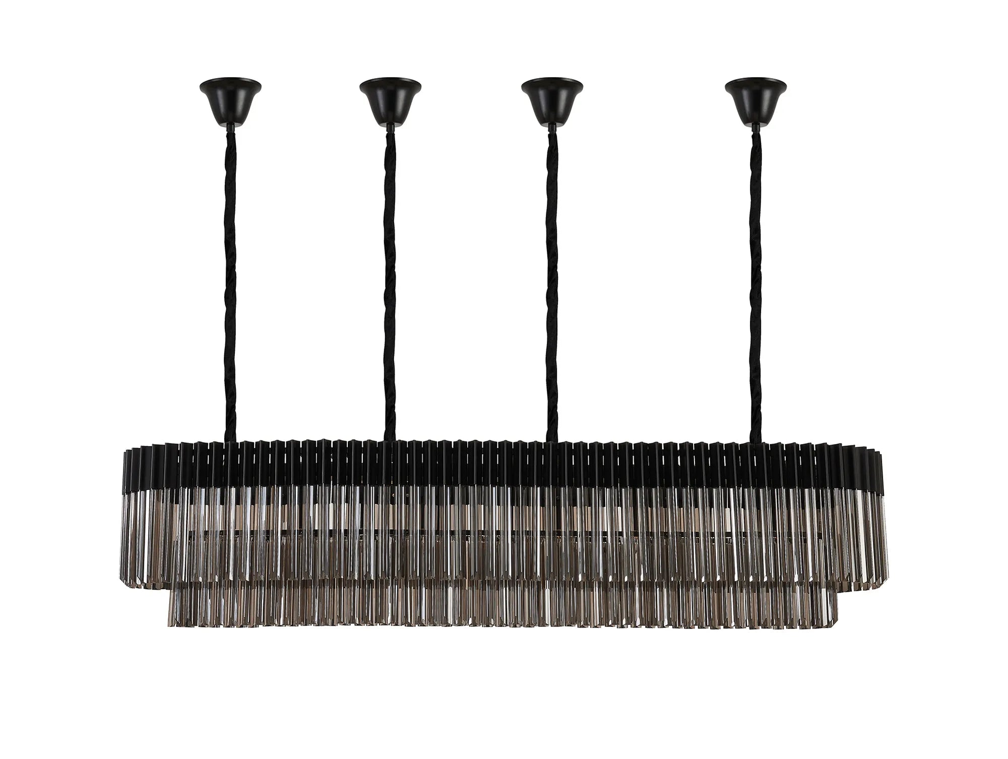 Cedar 180 x 40cm Linear Pendant With Bell Cup 9 Light - Matt Black & Smoked Sculpted Glass
