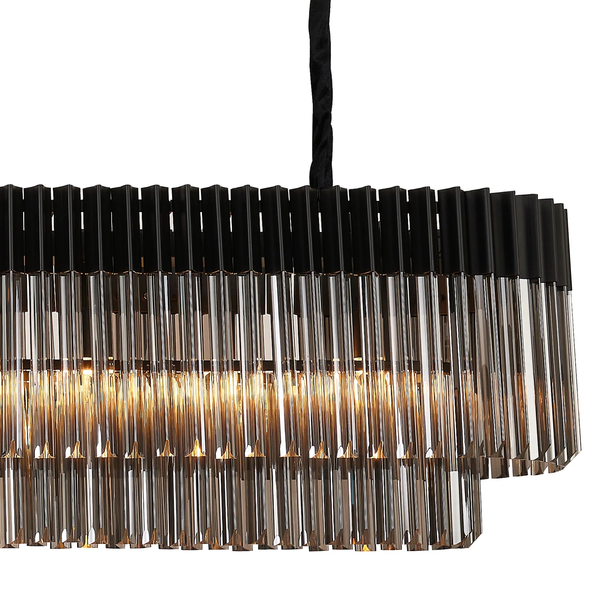 Cedar 180 x 40cm Linear Pendant With Bell Cup 9 Light - Matt Black & Smoked Sculpted Glass