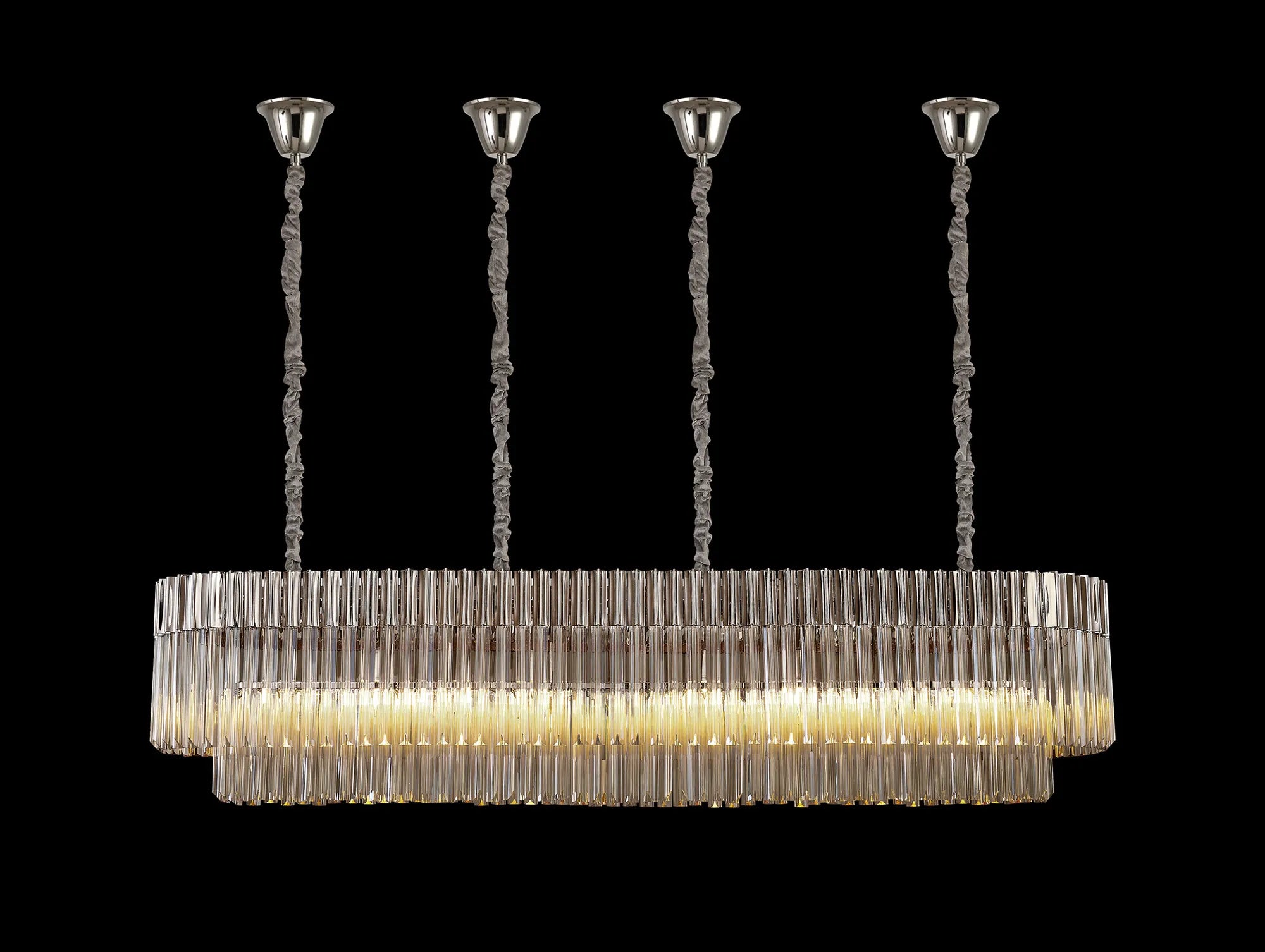 Cedar 180 x 40cm Linear Pendant With Bell Cup 9 Light - Polished Nickel & Cognac Sculpted Glass
