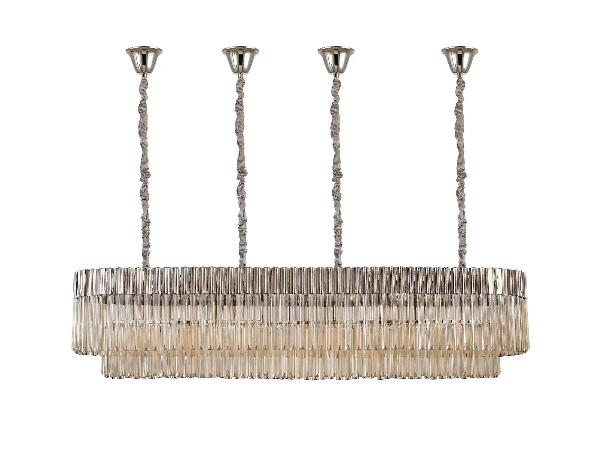 Cedar 180 x 40cm Linear Pendant With Bell Cup 9 Light - Polished Nickel & Cognac Sculpted Glass