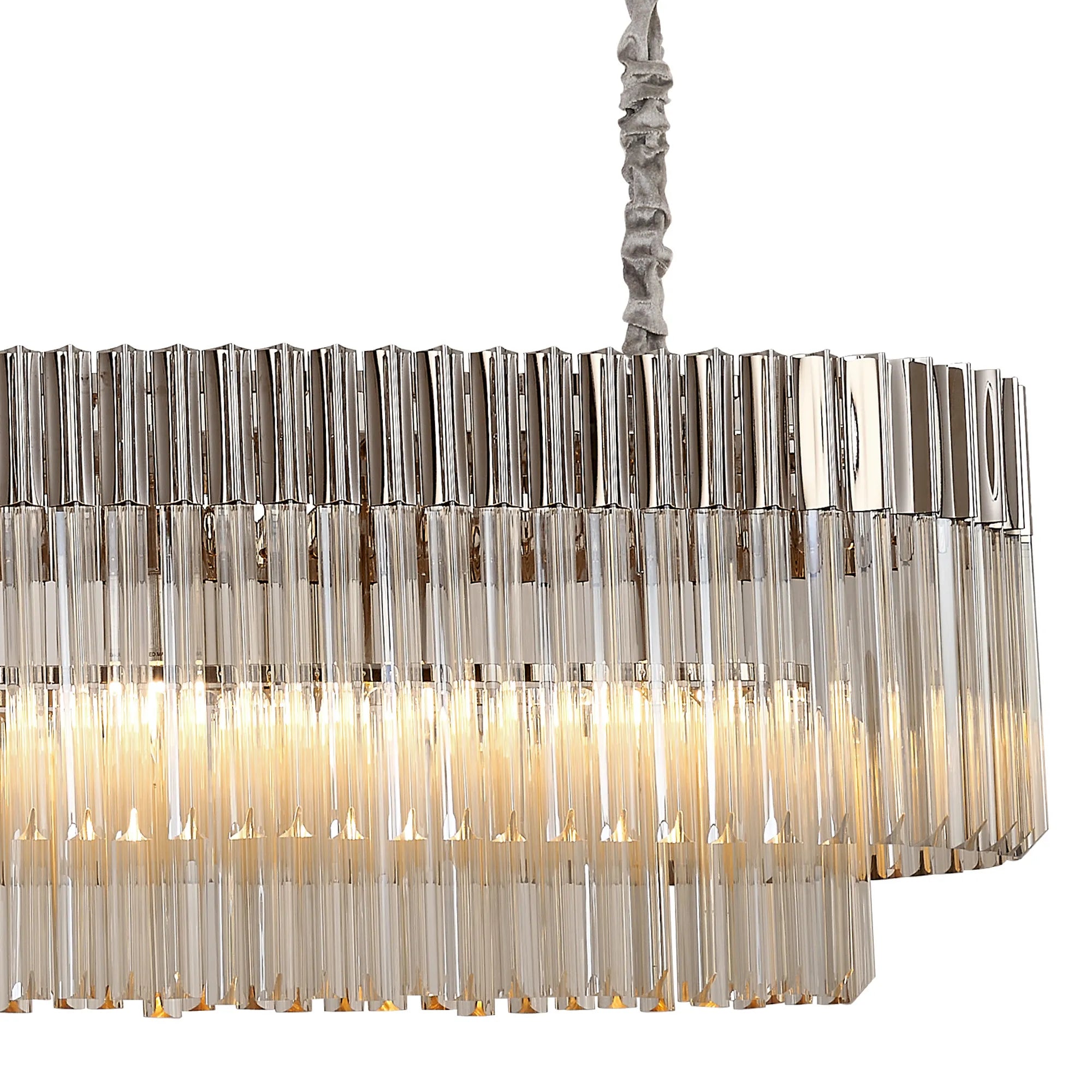 Cedar 180 x 40cm Linear Pendant With Bell Cup 9 Light - Polished Nickel & Cognac Sculpted Glass
