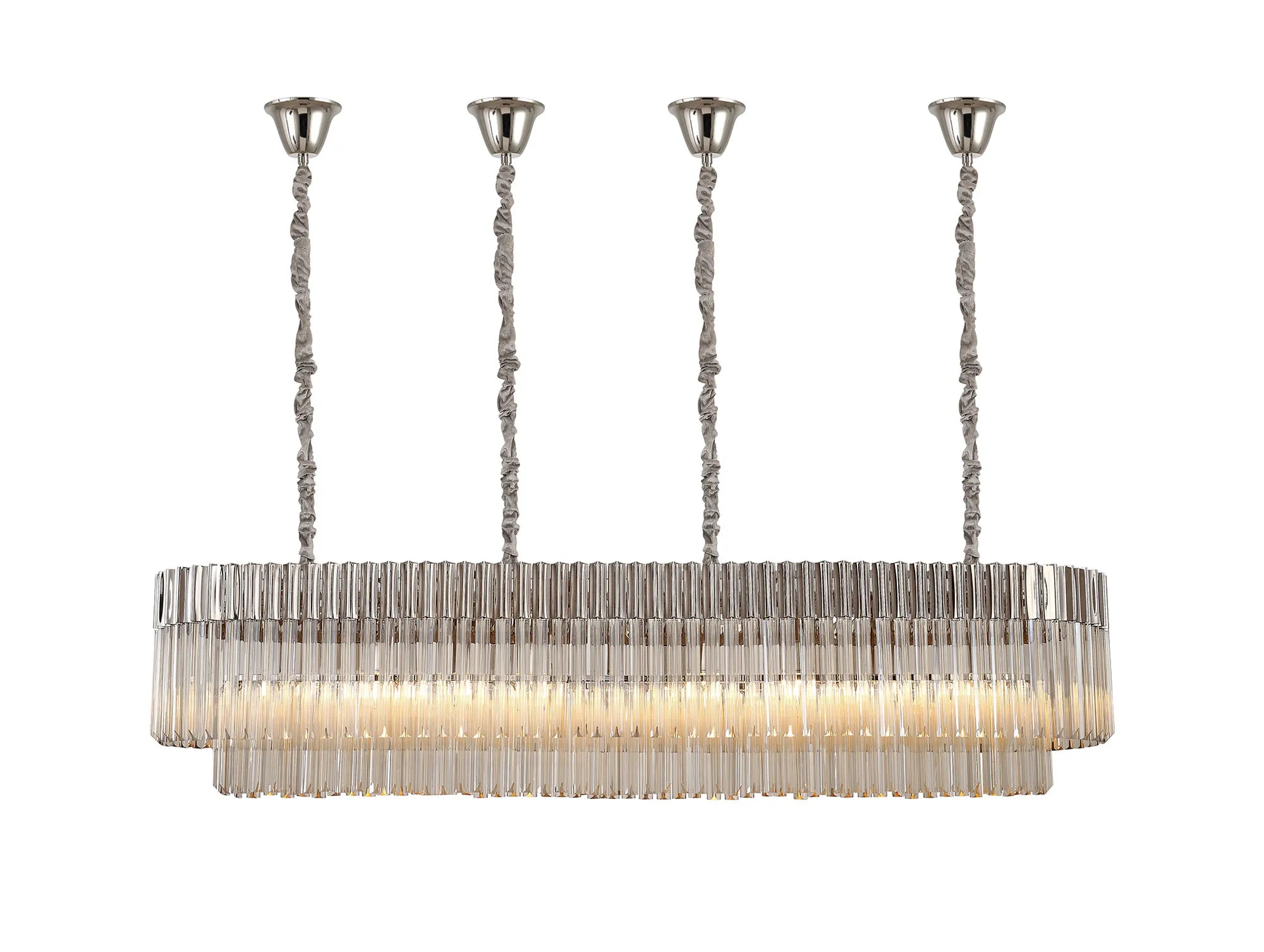 Cedar 180 x 40cm Linear Pendant With Bell Cup 9 Light - Polished Nickel & Cognac Sculpted Glass