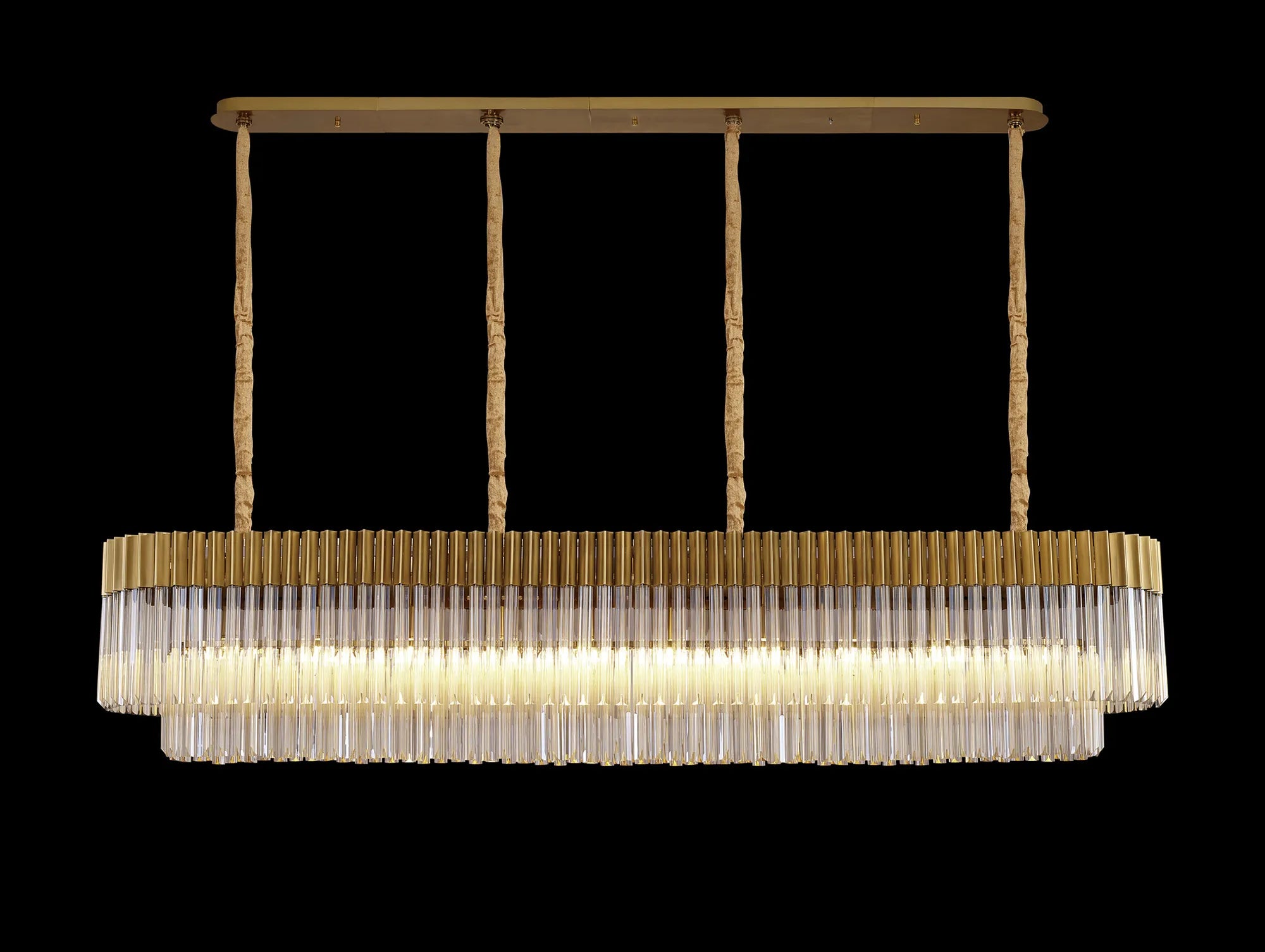 Cedar 200 x 40cm Linear Pendant 10 Light - Brass & Cognac Sculpted Glass