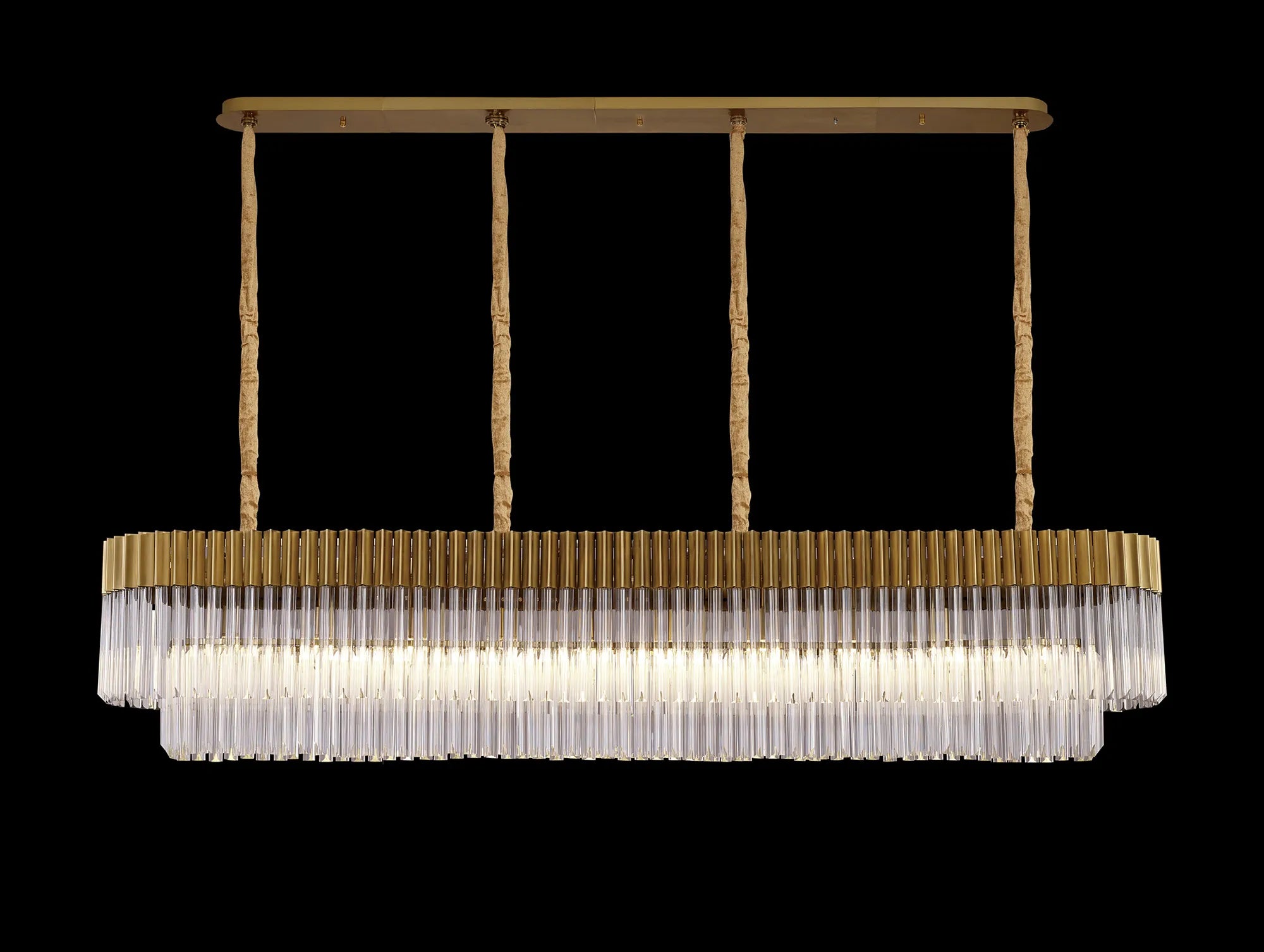 Cedar 200 x 40cm Linear Pendant 10 Light - Brass & Clear Sculpted Glass