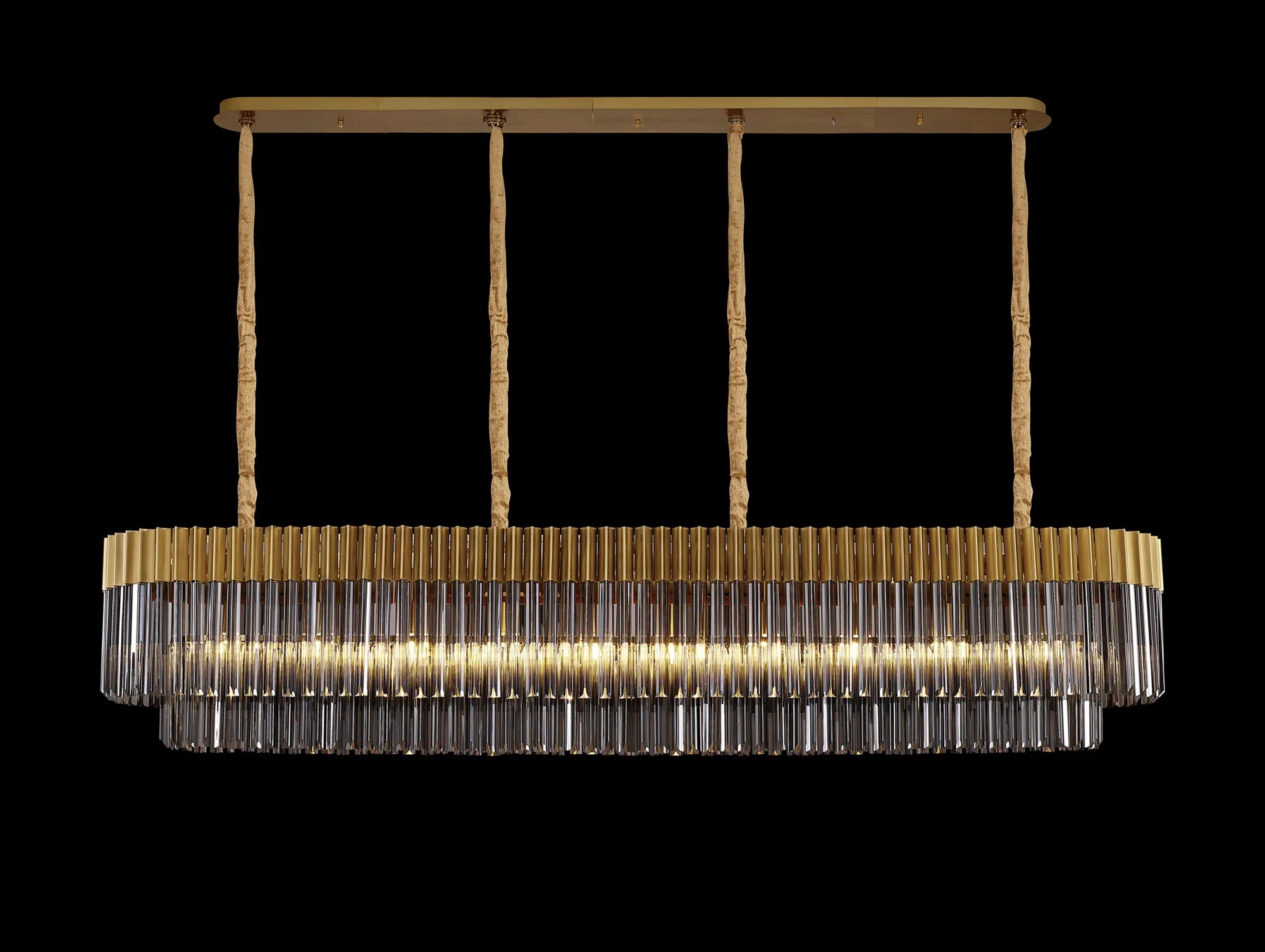 Cedar 200 x 40cm Linear Pendant 10 Light - Brass & Smoked Sculpted Glass