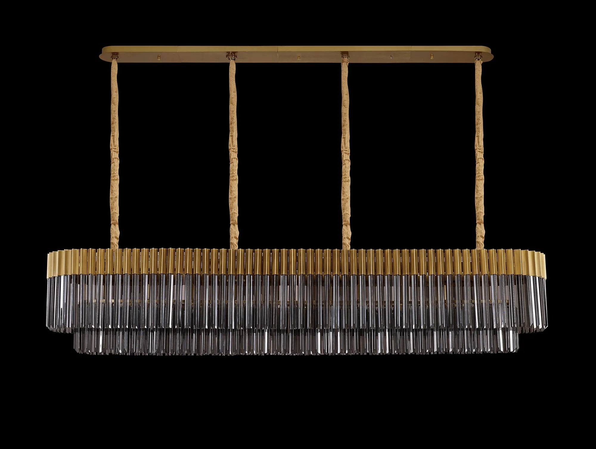 Cedar 200 x 40cm Linear Pendant 10 Light - Brass & Smoked Sculpted Glass
