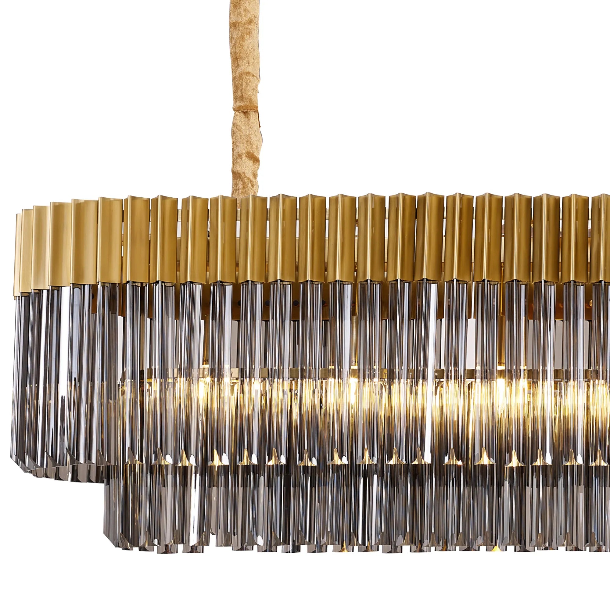 Cedar 200 x 40cm Linear Pendant 10 Light - Brass & Smoked Sculpted Glass